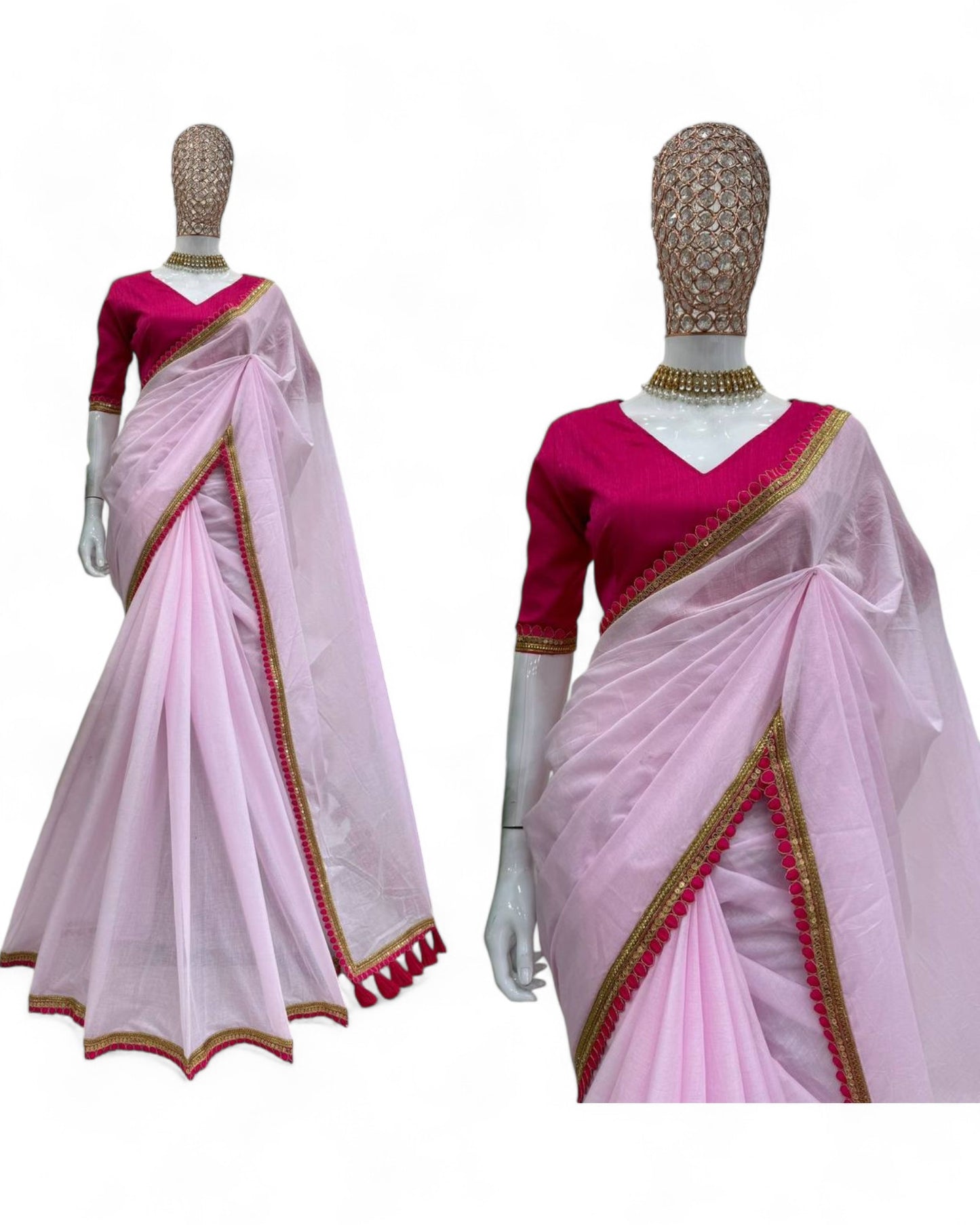 Baby Pink Mul Cotton Saree with Fancy Lace and Latkan on Pallu