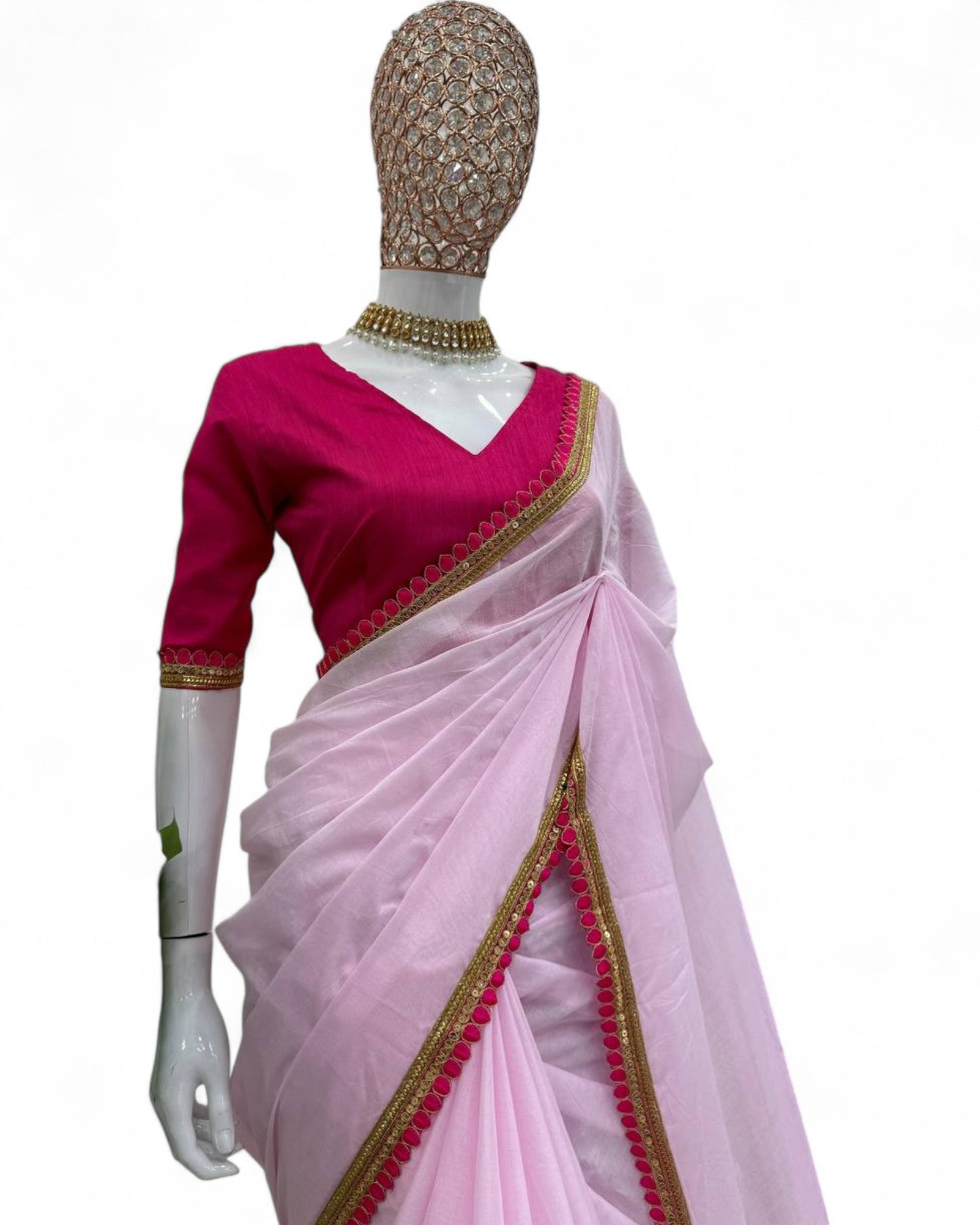 Baby Pink Mul Cotton Saree with Fancy Lace and Latkan on Pallu