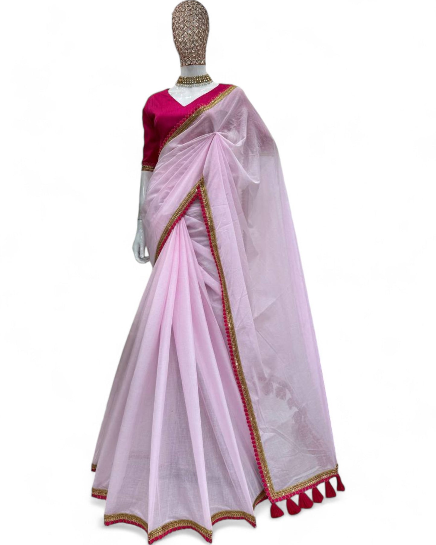 Baby Pink Mul Cotton Saree with Fancy Lace and Latkan on Pallu