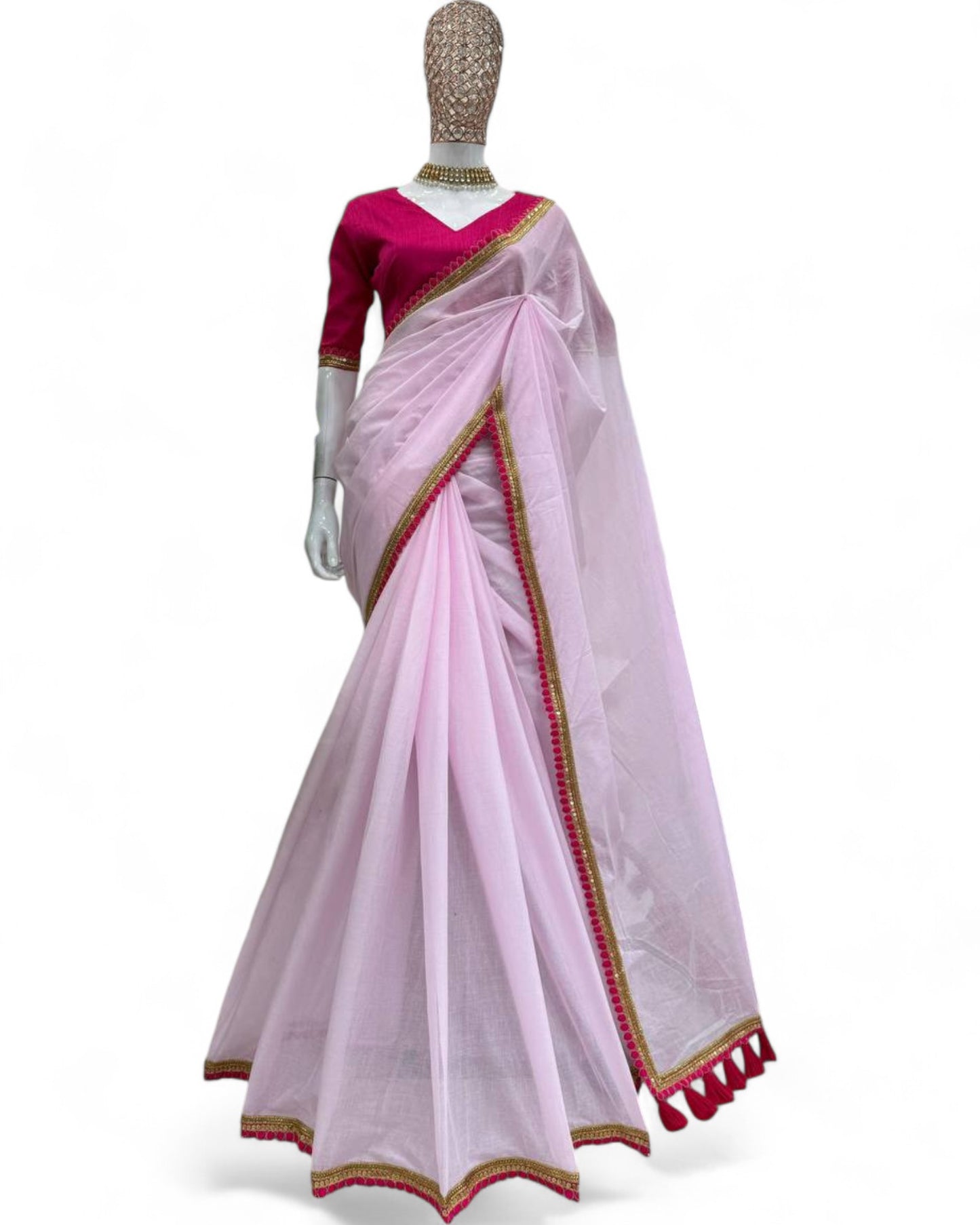 Baby Pink Mul Cotton Saree with Fancy Lace and Latkan on Pallu