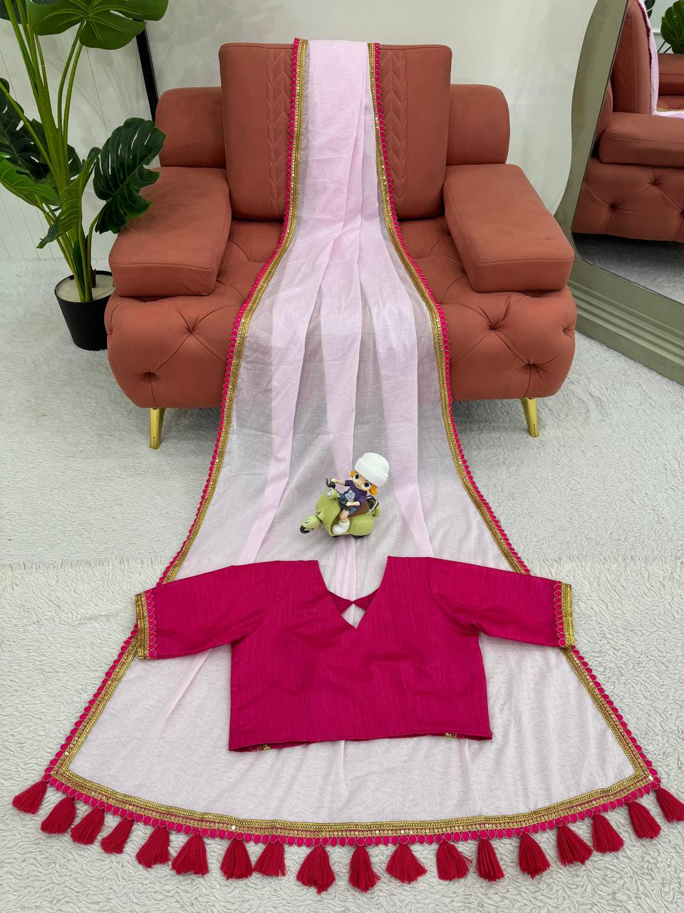 Baby Pink Mul Cotton Saree with Fancy Lace and Latkan on Pallu