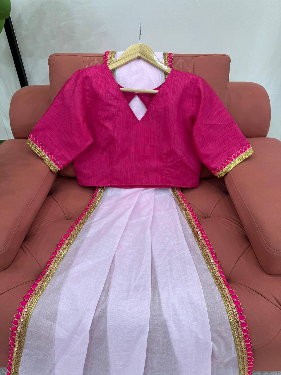 Baby Pink Mul Cotton Saree with Fancy Lace and Latkan on Pallu