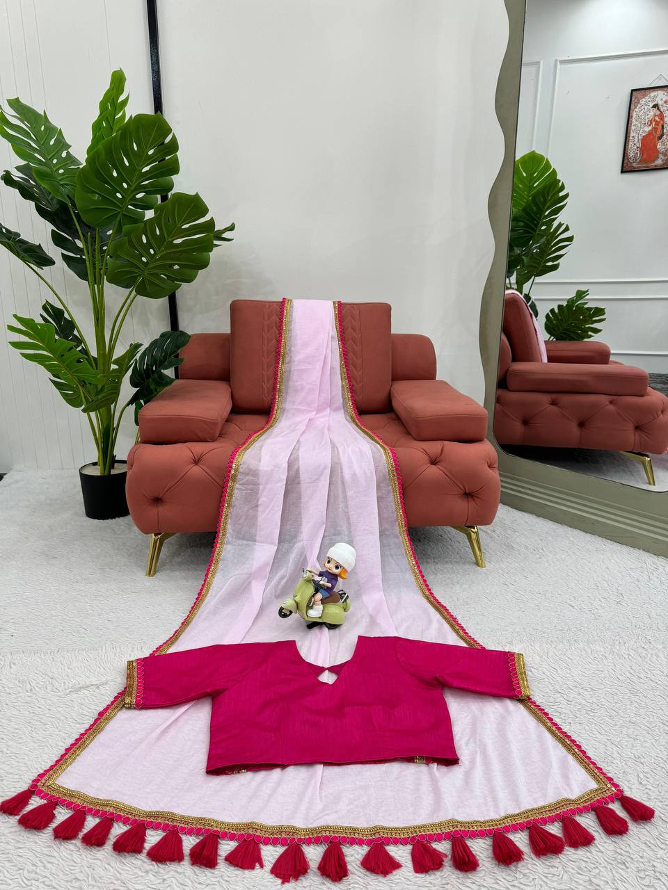 Baby Pink Mul Cotton Saree with Fancy Lace and Latkan on Pallu