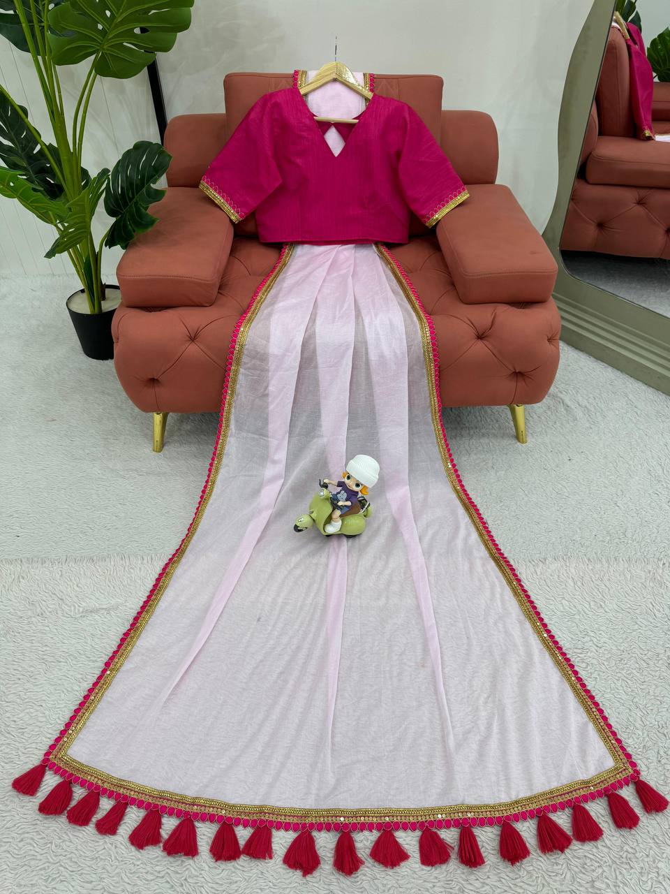 Baby Pink Mul Cotton Saree with Fancy Lace and Latkan on Pallu