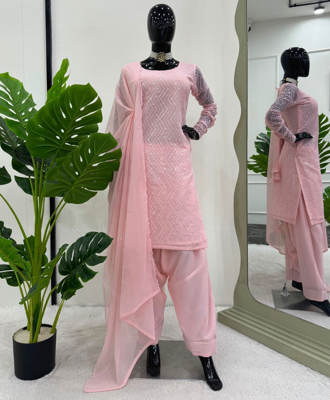 Baby pink georgette churidar stylish girlish salwar suit