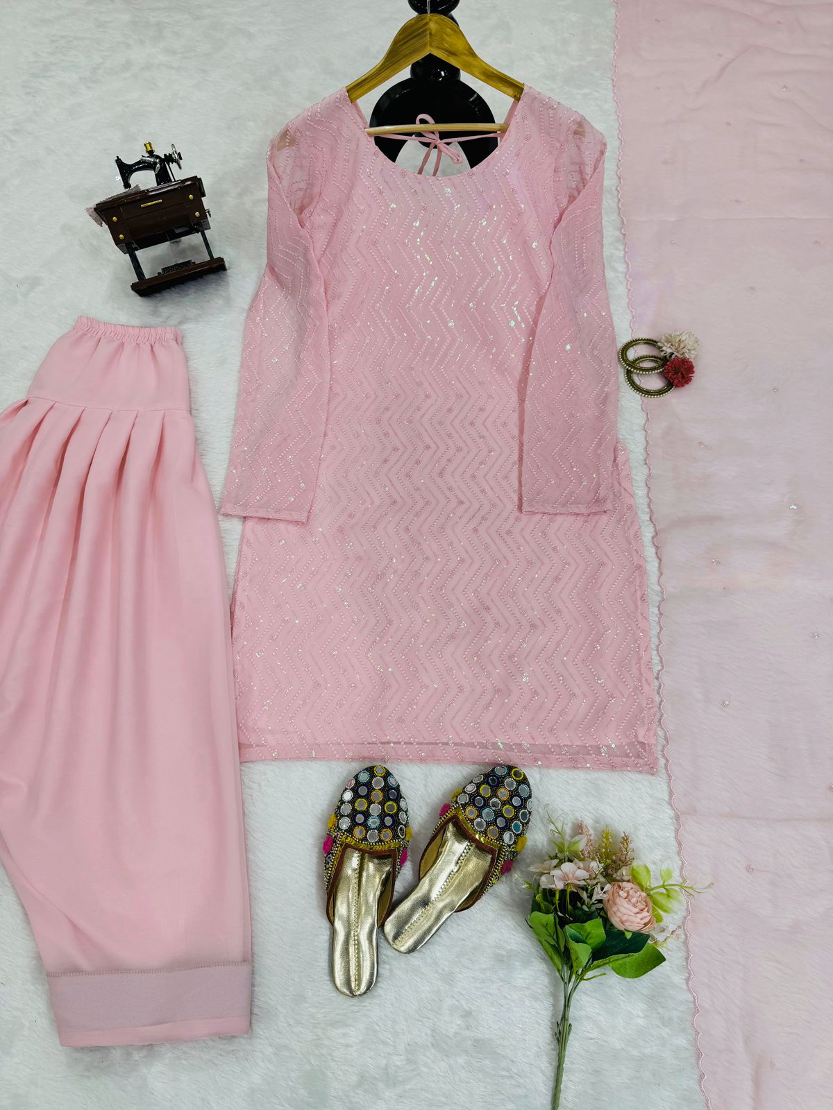 Baby pink georgette churidar stylish girlish salwar suit