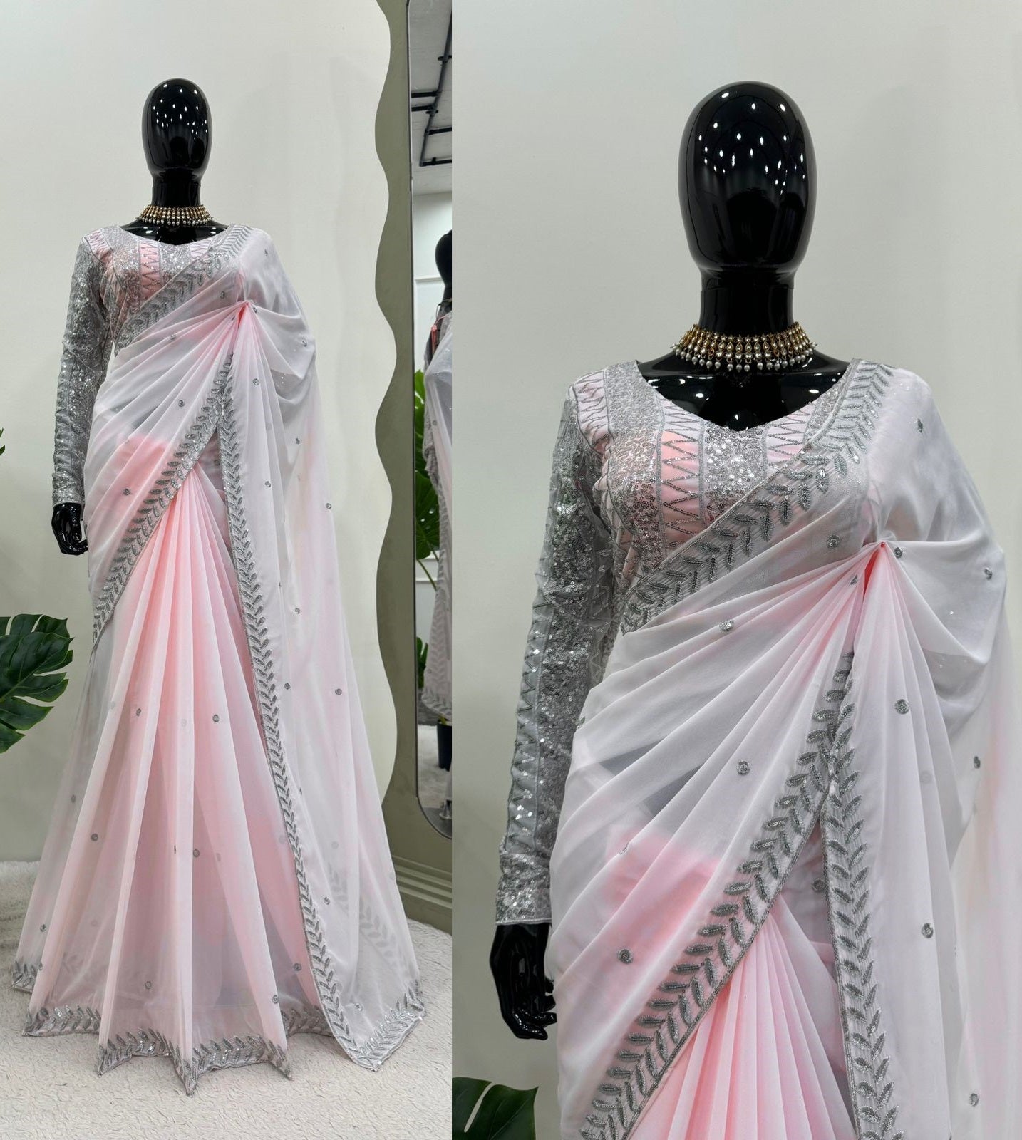 Baby pink georgette thread sequence work girlish designer saree