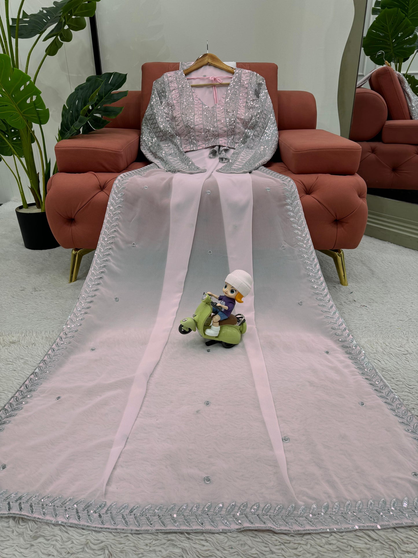Baby pink georgette thread sequence work girlish designer saree