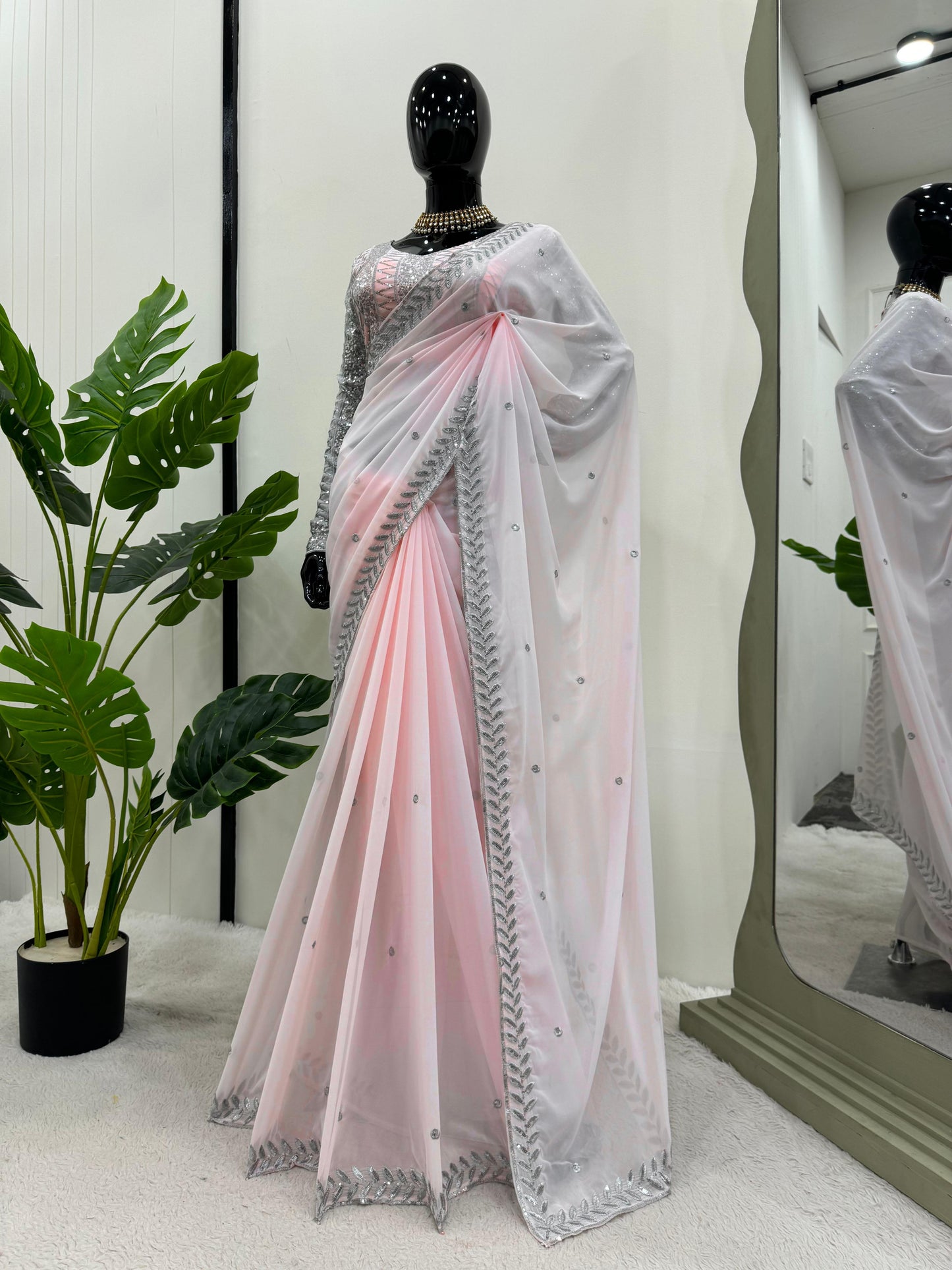 Baby pink georgette thread sequence work girlish designer saree
