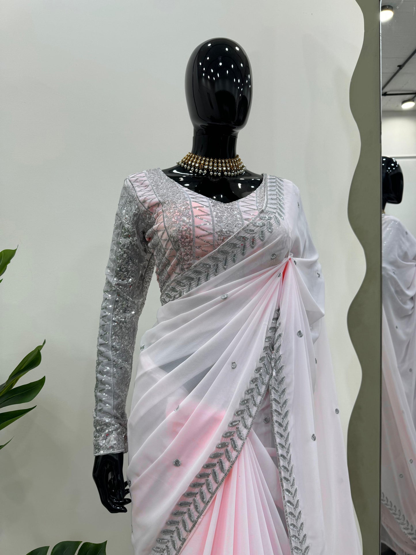Baby pink georgette thread sequence work girlish designer saree