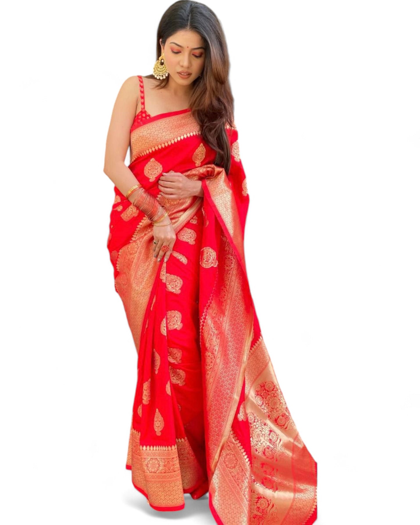Beautiful soft lichi silk rich pallu jacquard work wedding saree Red Free Size