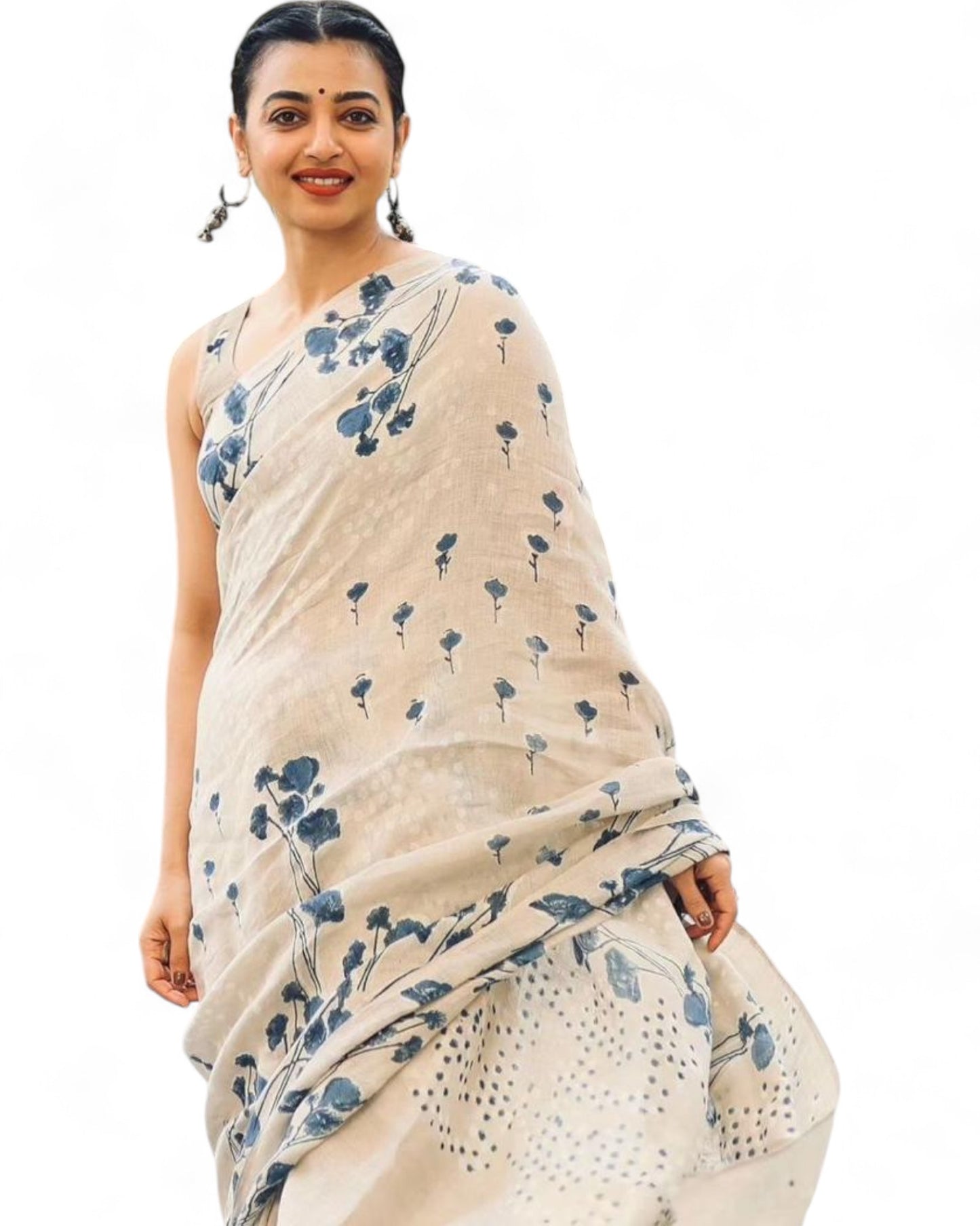 Beige linen cotton floral printed stylish saree