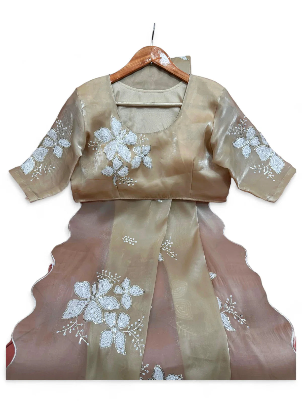 Beige jimmy choo designer ceremonial saree