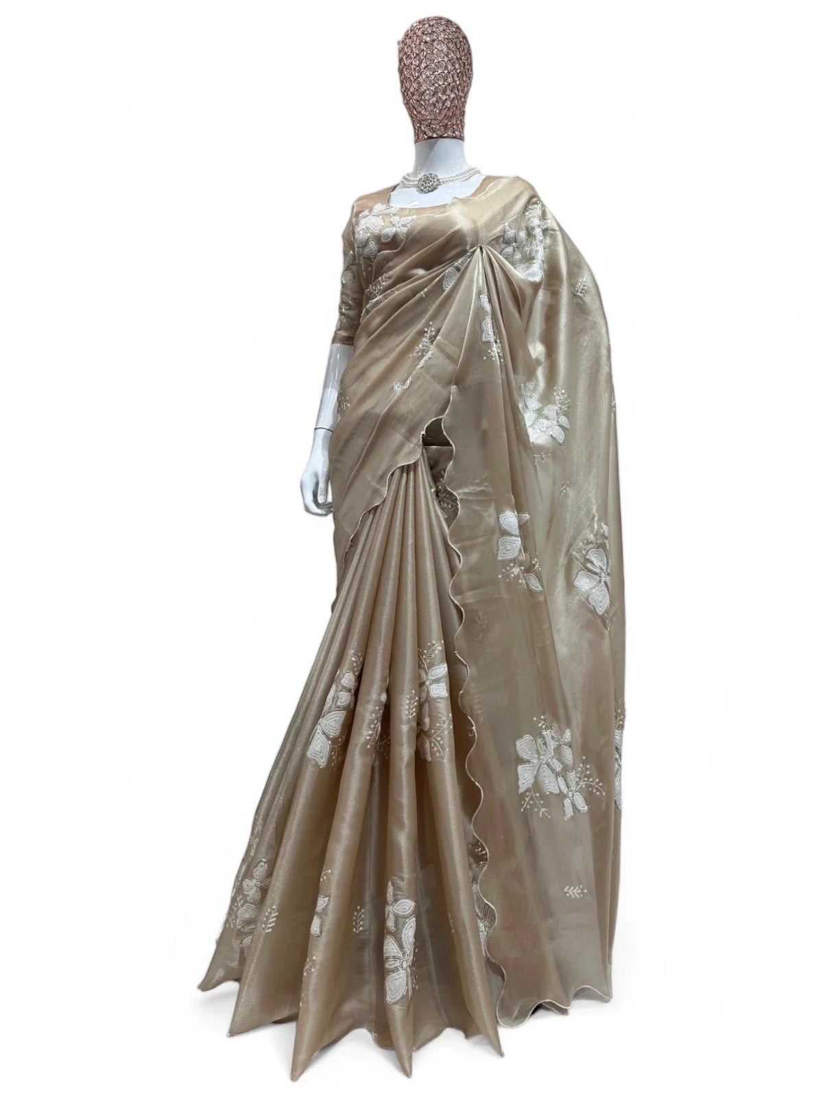 Beige jimmy choo designer ceremonial saree