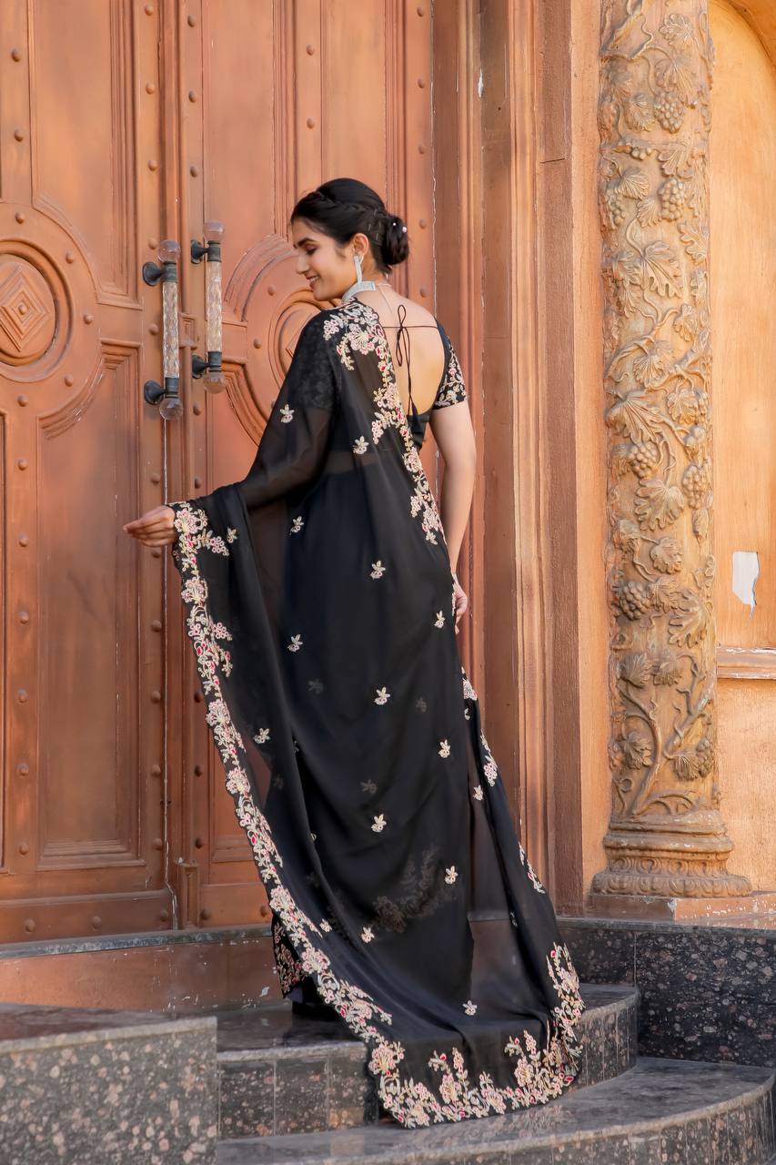 Black Designer Heavy Kasturi Silk Saree with Thread, Zari & Dori Work