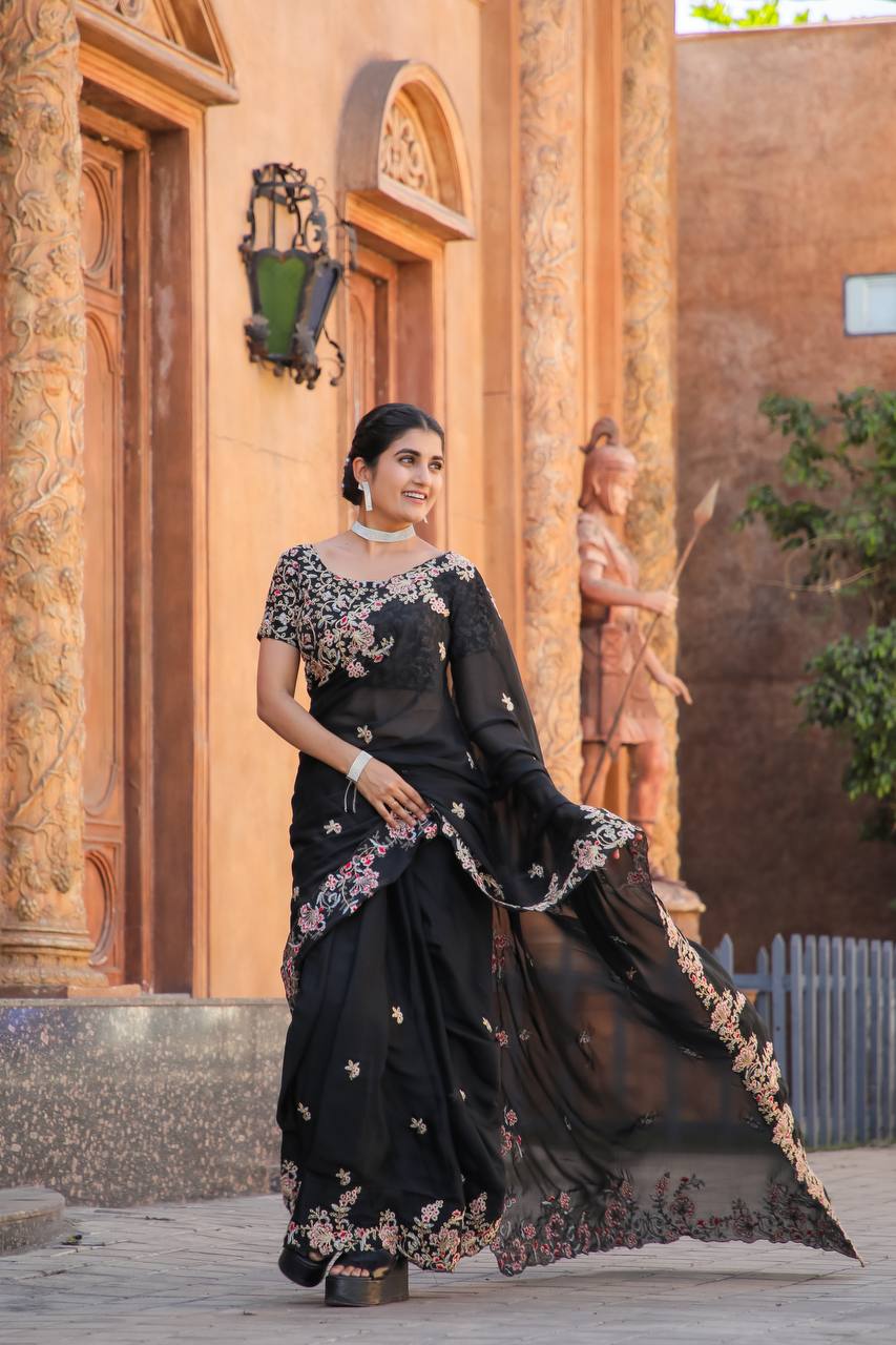 Black Designer Heavy Kasturi Silk Saree with Thread, Zari & Dori Work