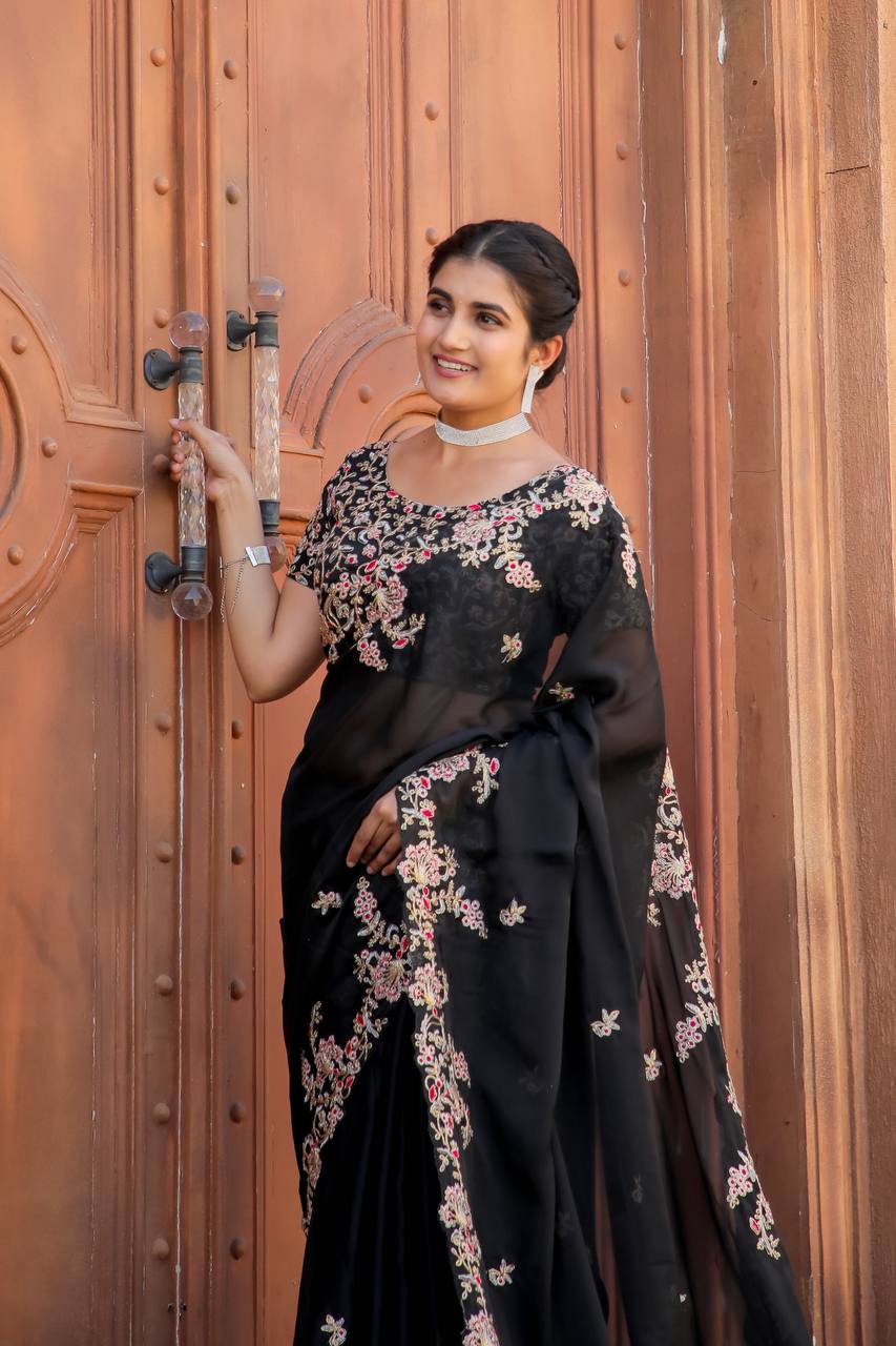 Black Designer Heavy Kasturi Silk Saree with Thread, Zari & Dori Work