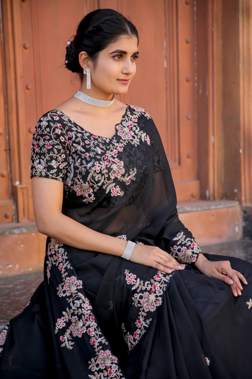 Black Designer Heavy Kasturi Silk Saree with Thread, Zari & Dori Work