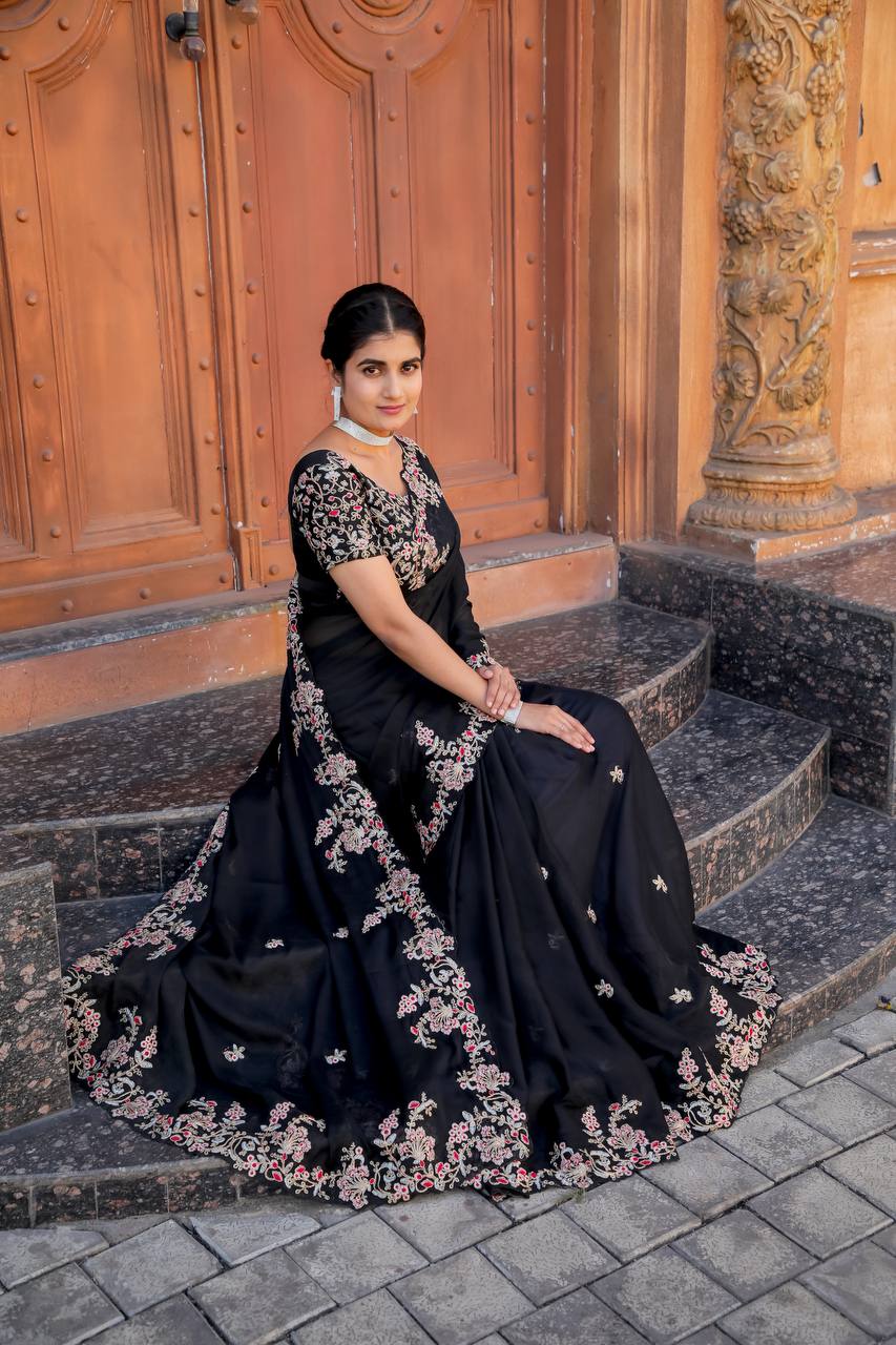 Black Designer Heavy Kasturi Silk Saree with Thread, Zari & Dori Work