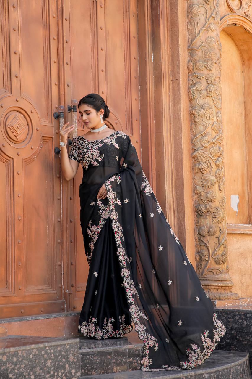 Black Designer Heavy Kasturi Silk Saree with Thread, Zari & Dori Work