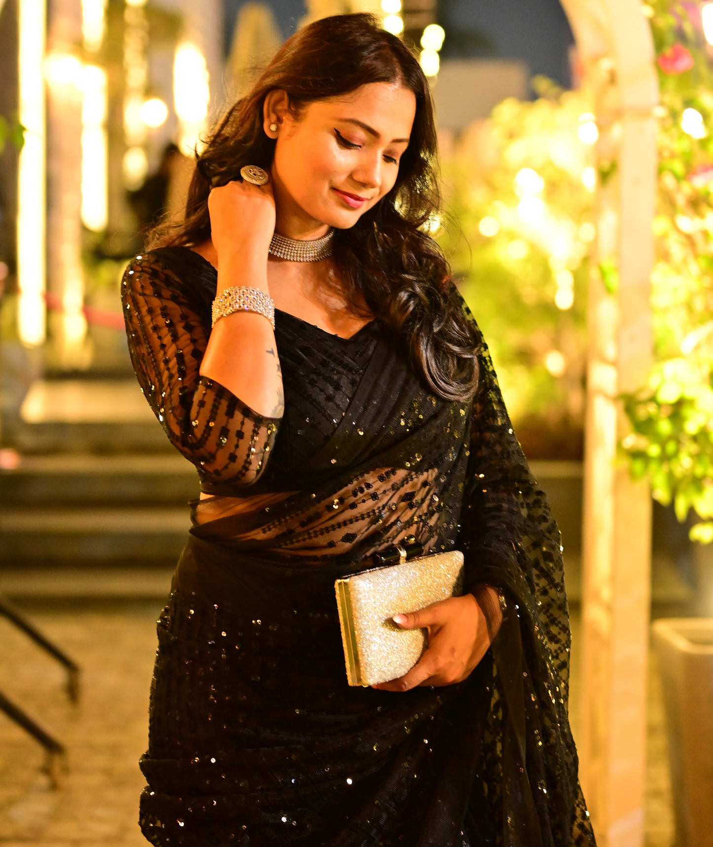 Black Net Heavy Sequins Thread Work Party Wear Designer Saree