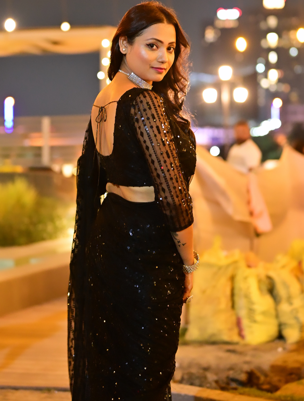 Black Net Heavy Sequins Thread Work Party Wear Designer Saree