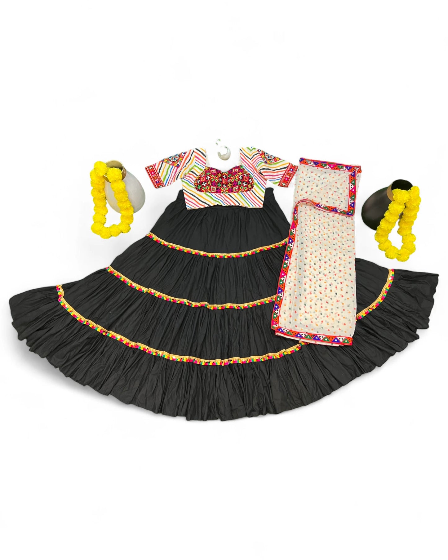 Black Rayon Navratri Gujarati Garba Lehenga Chaniya Choli with Stitched Blouse