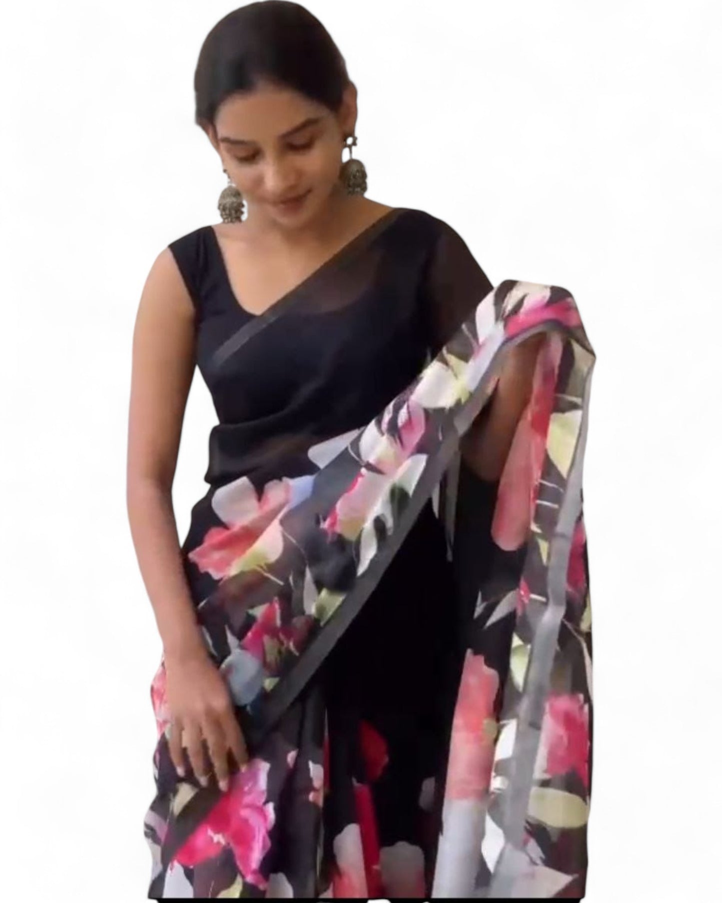 Stylish linen cotton floral printed saree Black Free Size