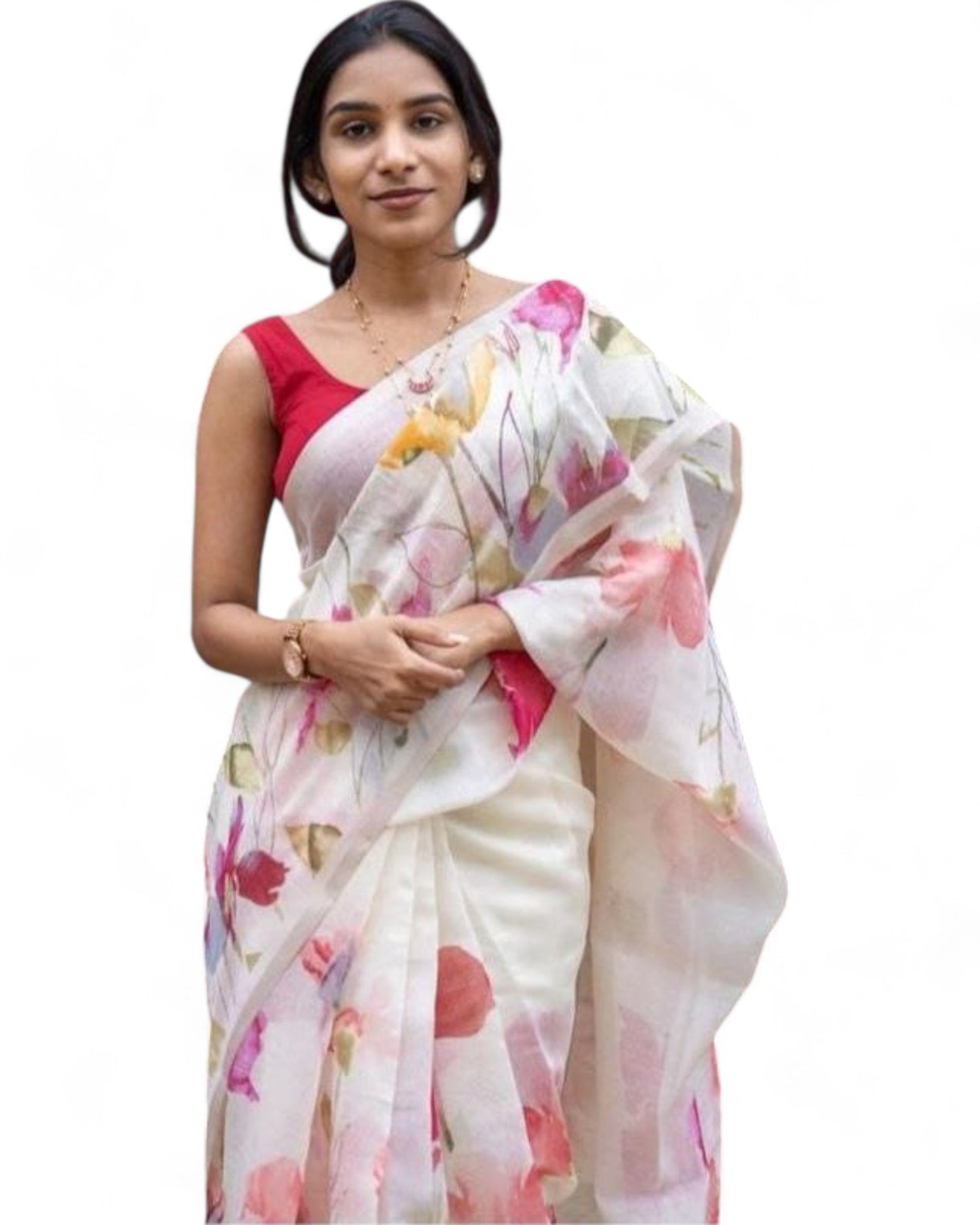 Stylish linen cotton floral printed saree