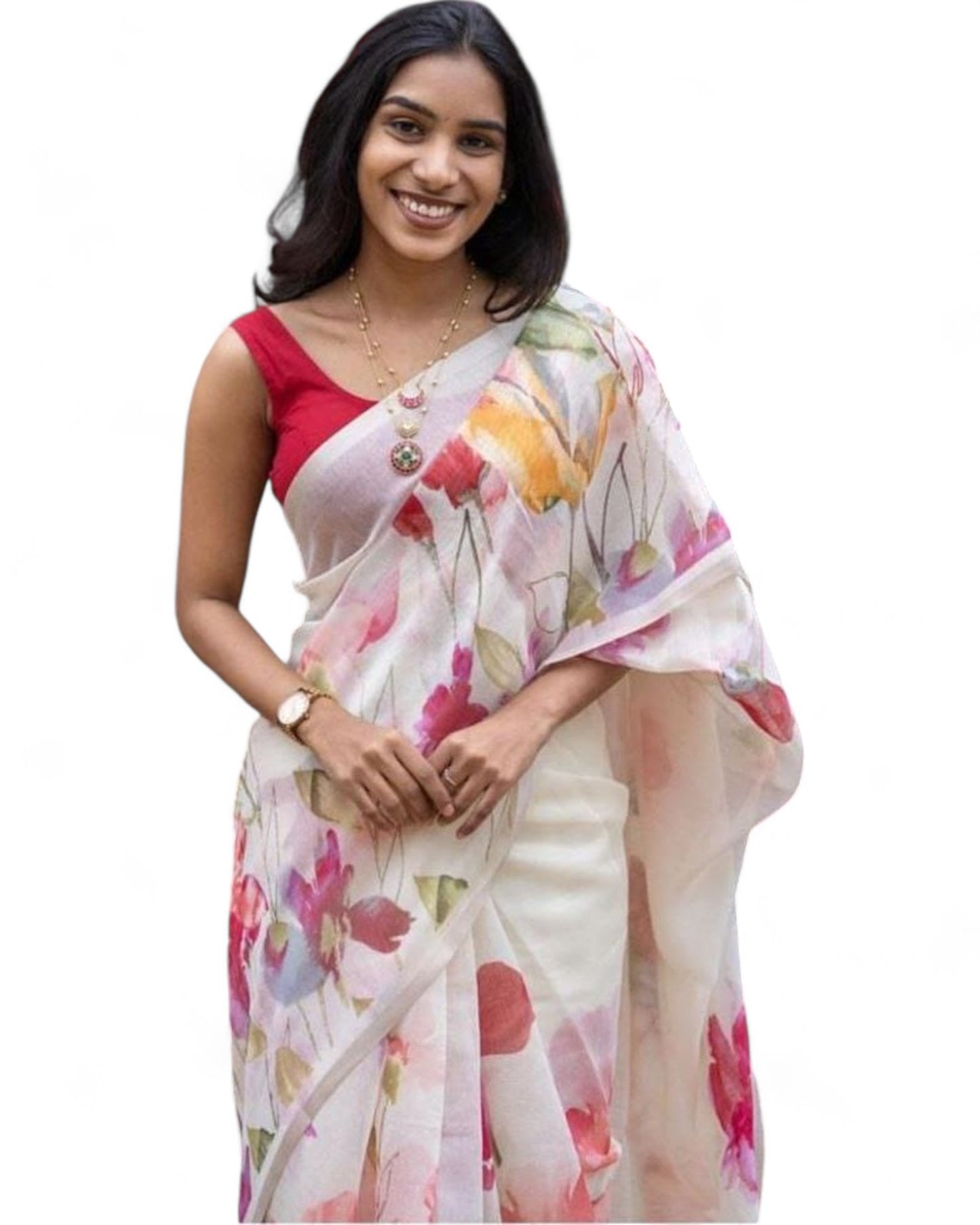 Stylish linen cotton floral printed saree White Free Size