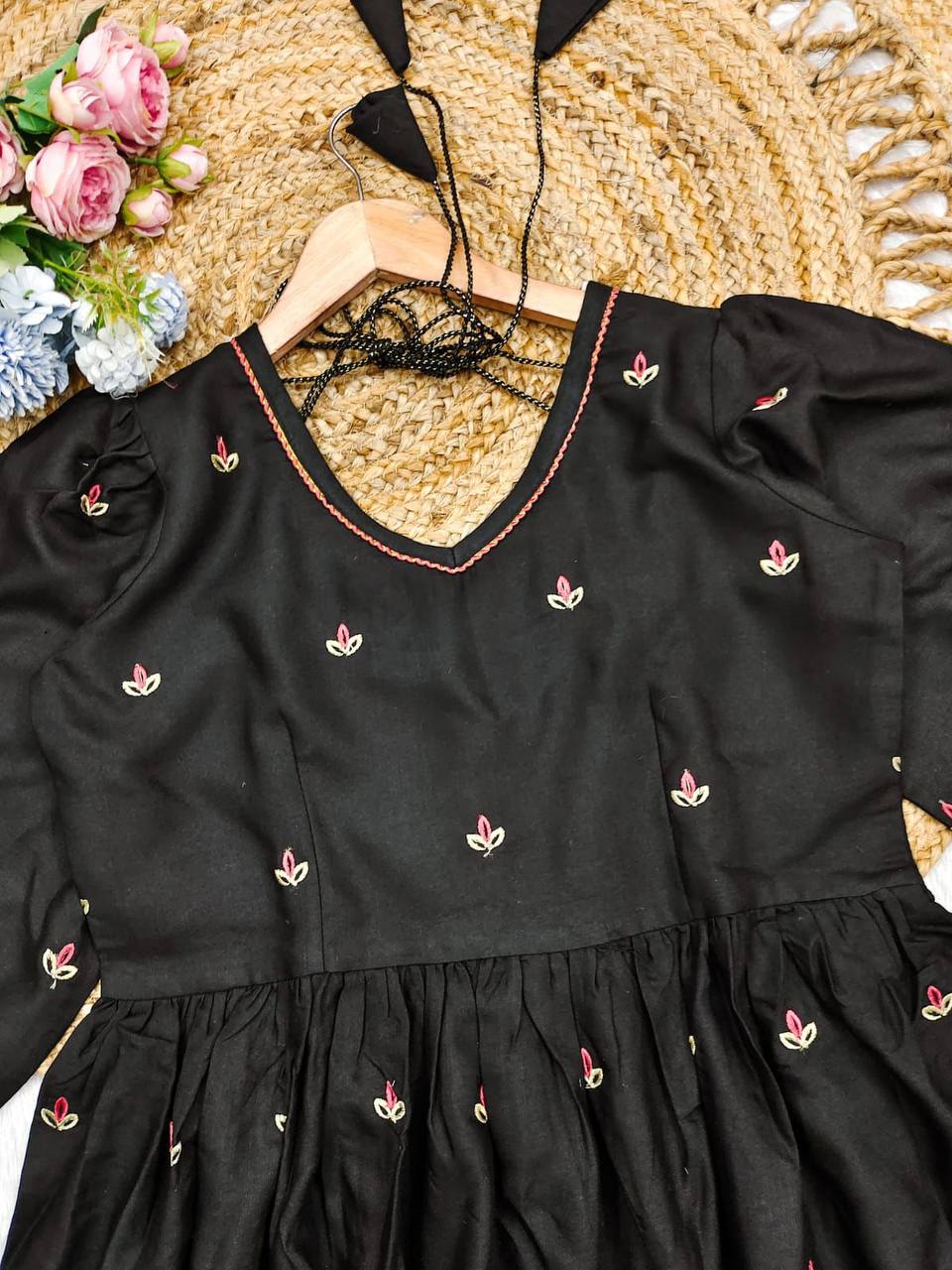 Black cotton embroidered party wear anarkali gown suit