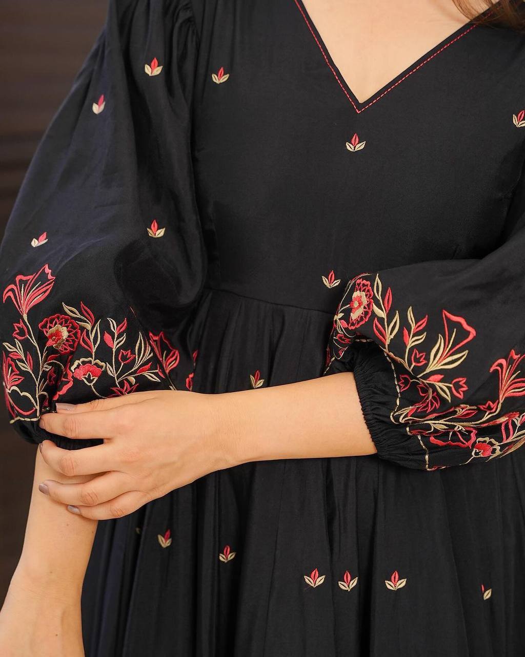 Black cotton embroidered party wear anarkali gown suit