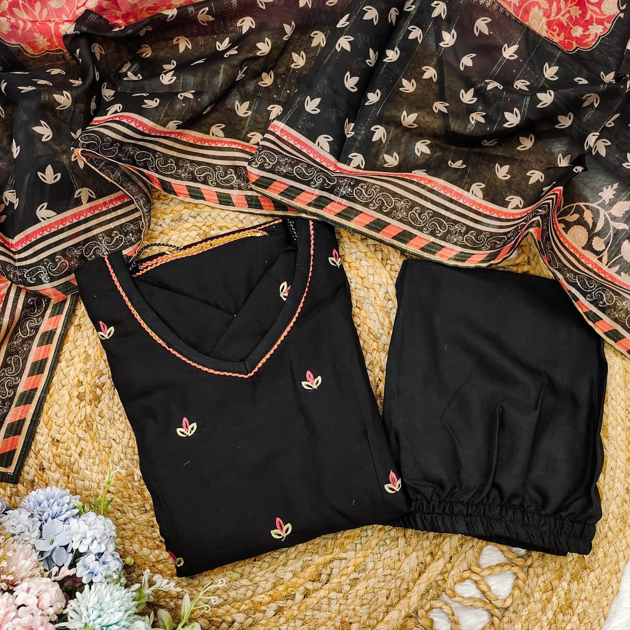 Black cotton embroidered party wear anarkali gown suit