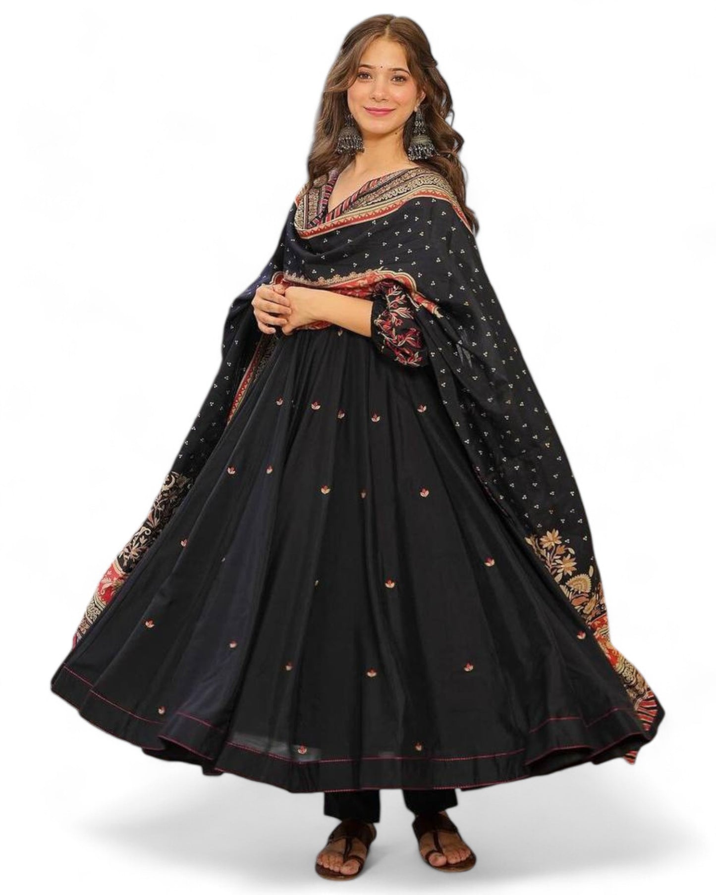 Black cotton embroidered party wear anarkali gown suit