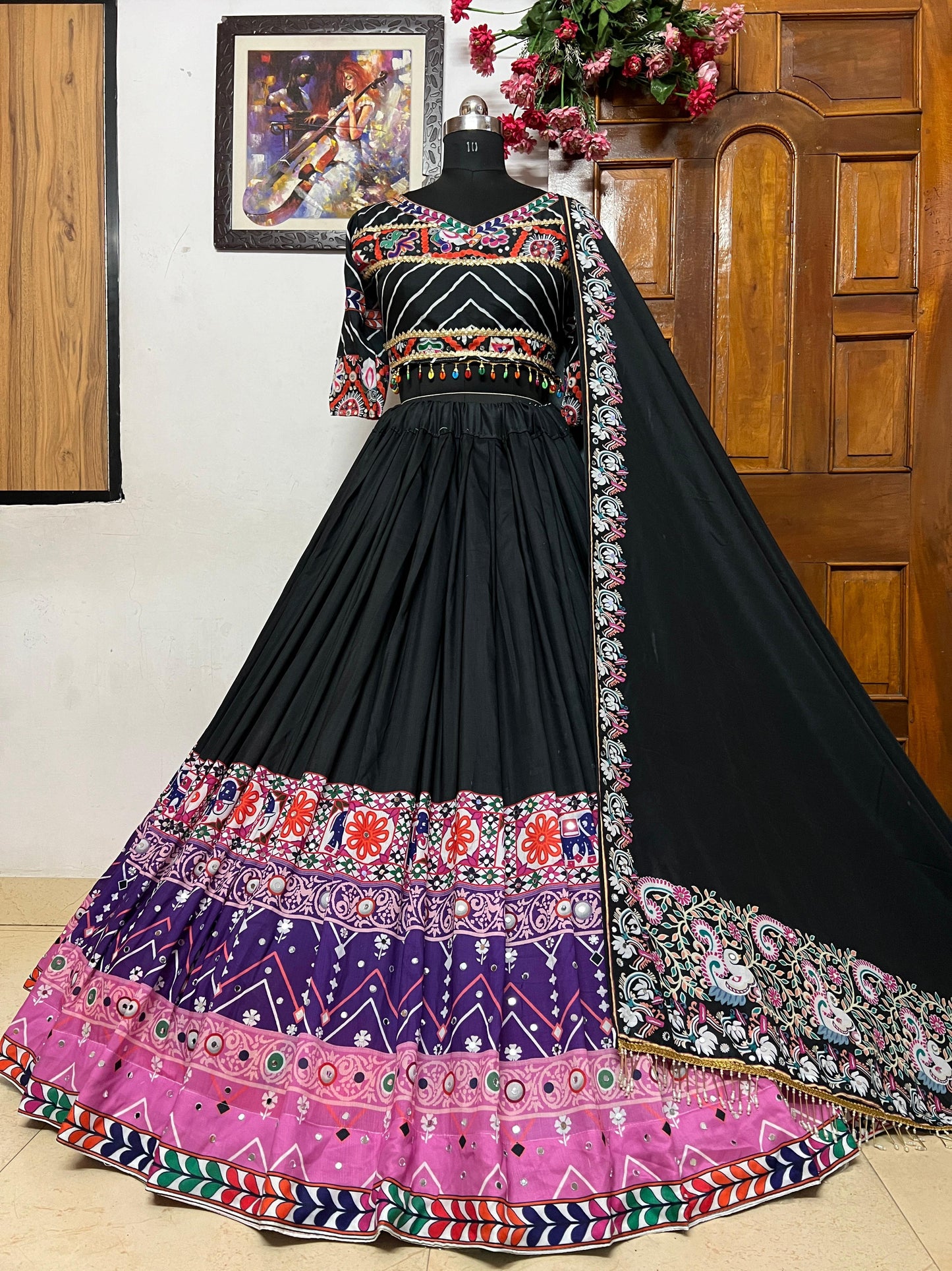 Black cotton print mirror work gujarati garba navratri lehenga chaniya choli
