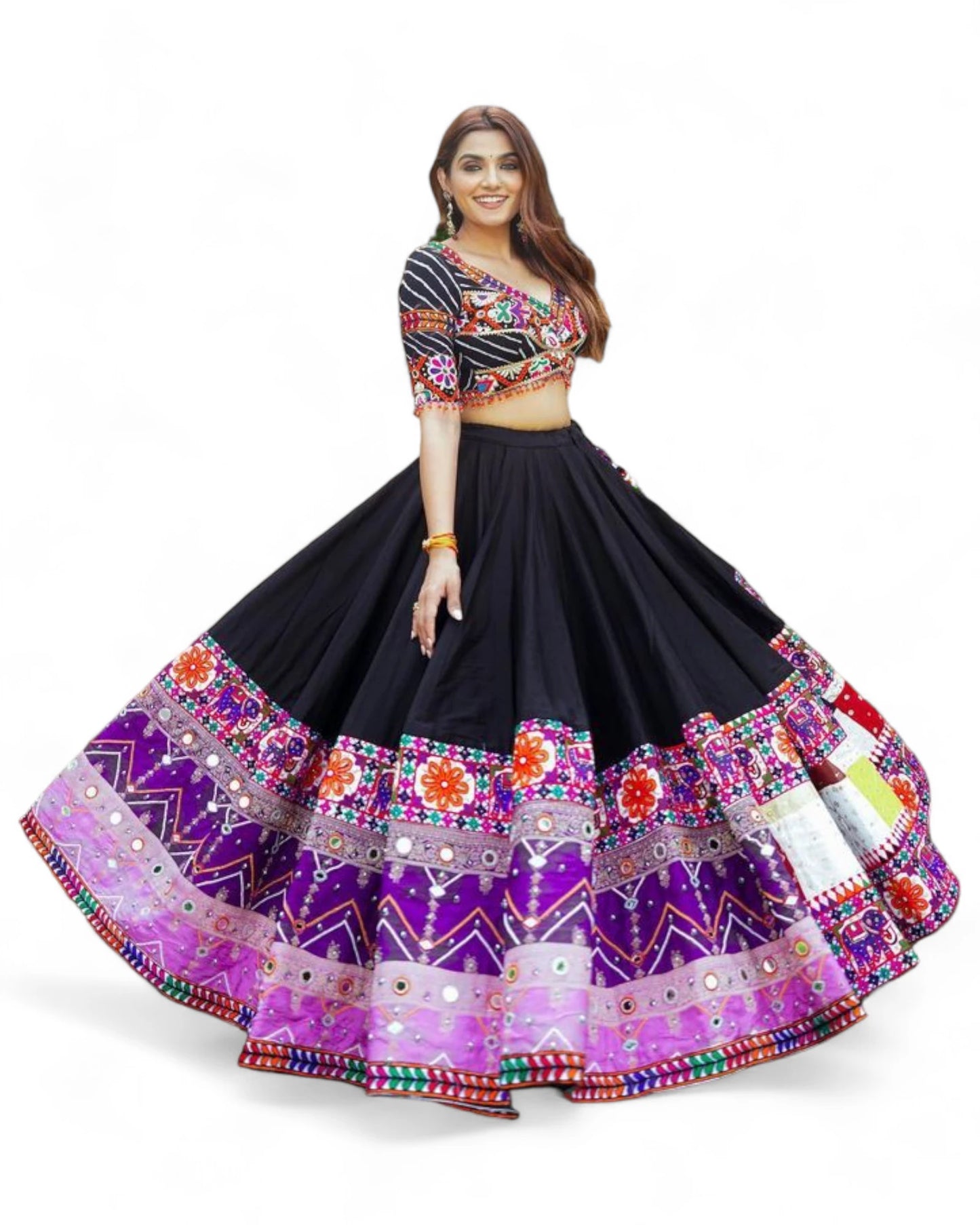 Black cotton print mirror work gujarati garba navratri lehenga chaniya choli