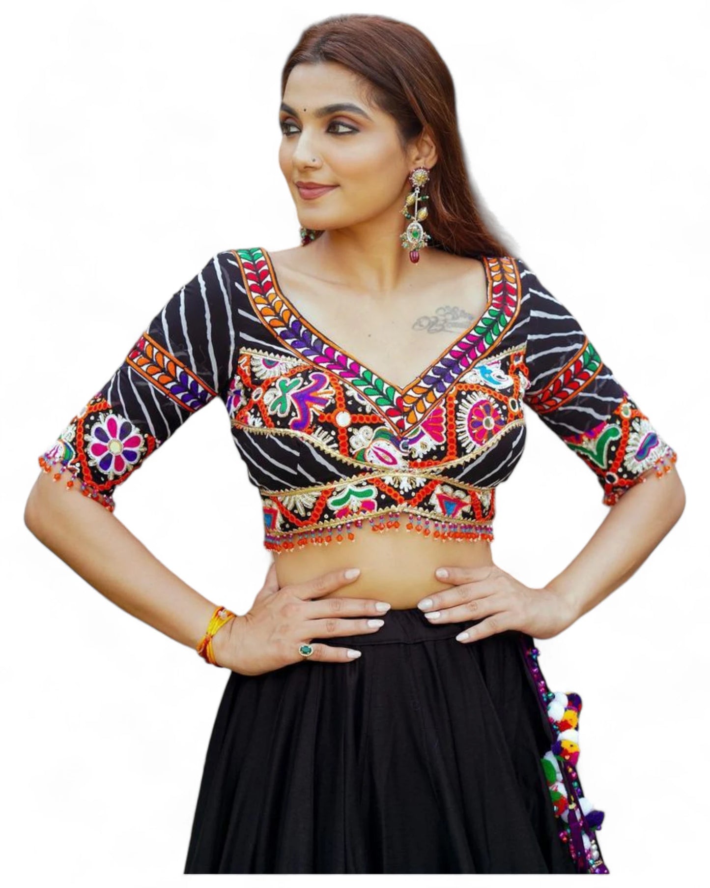 Black cotton print mirror work gujarati garba navratri lehenga chaniya choli