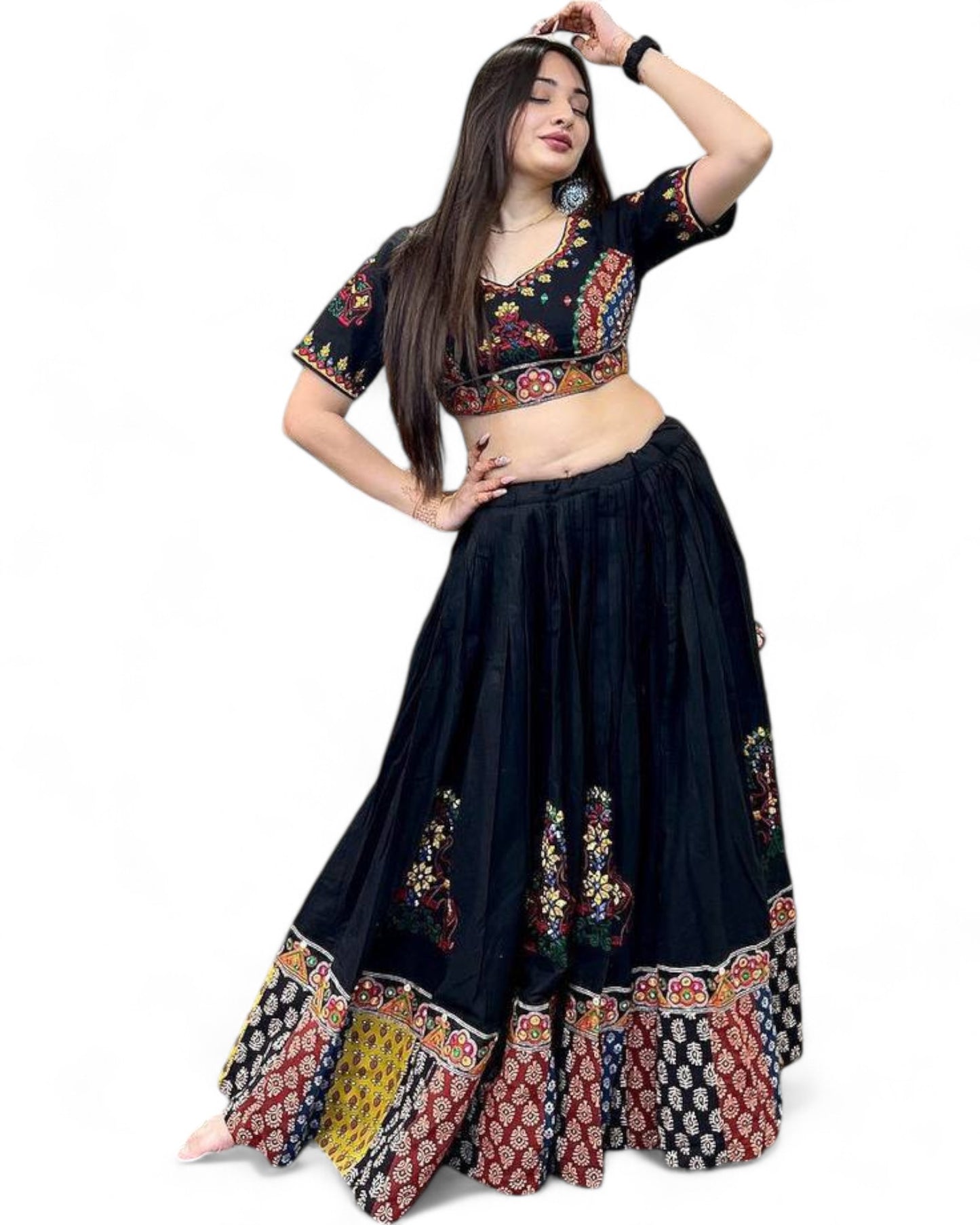 Black cotton printed navratri lehenga chaniya choli