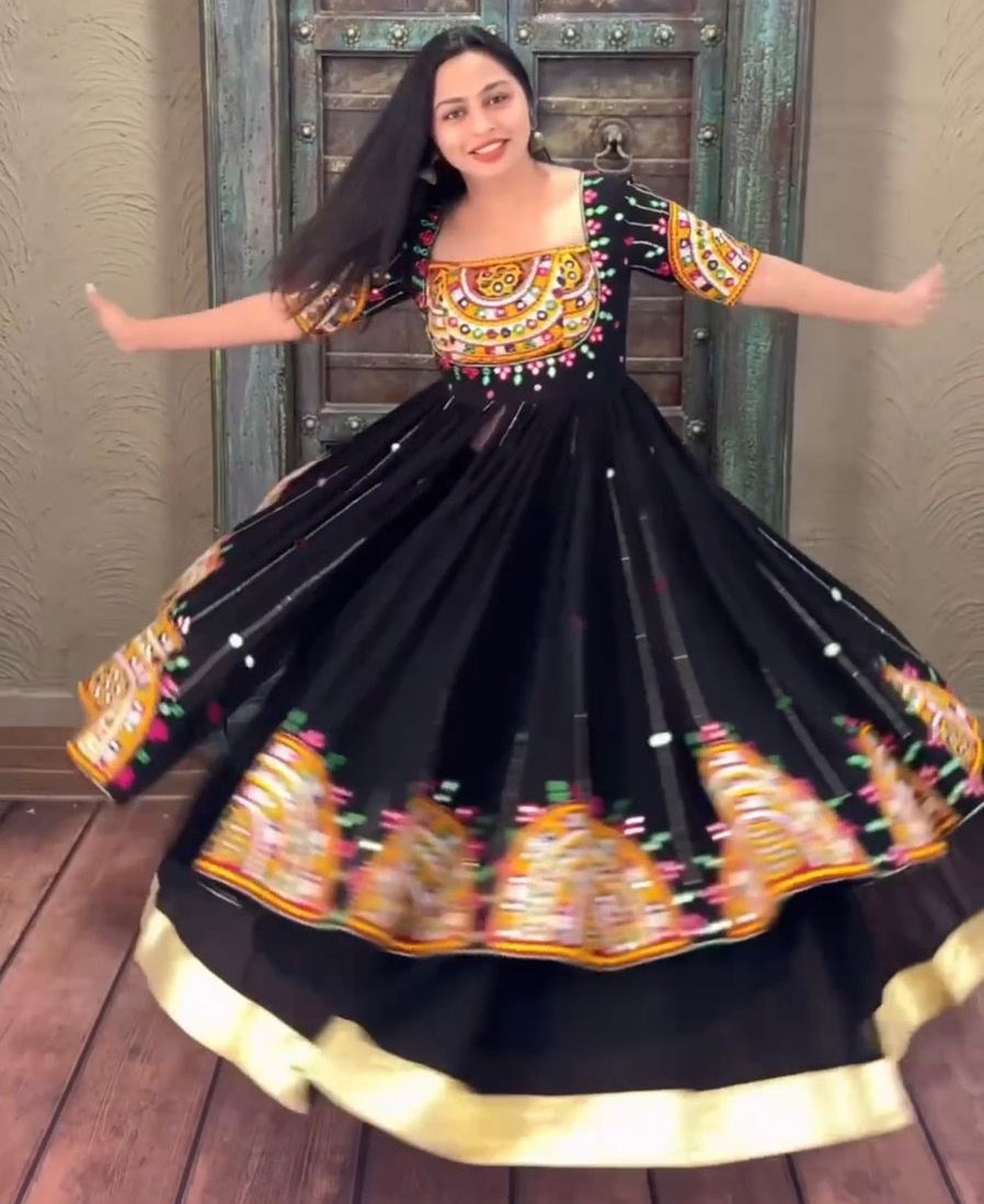 Black embroidered navratri garba special lehenga gown