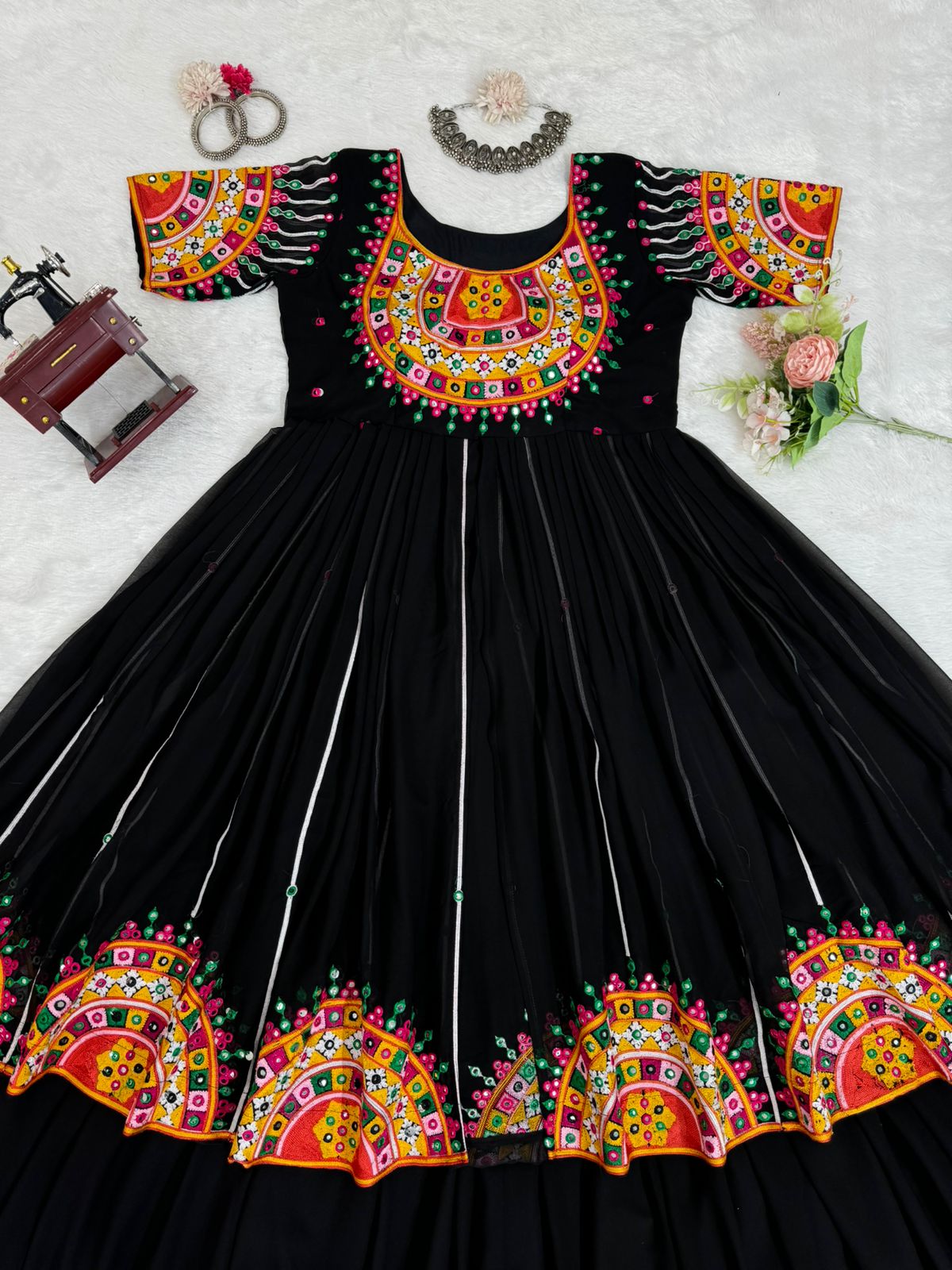 Black embroidered navratri garba special lehenga gown