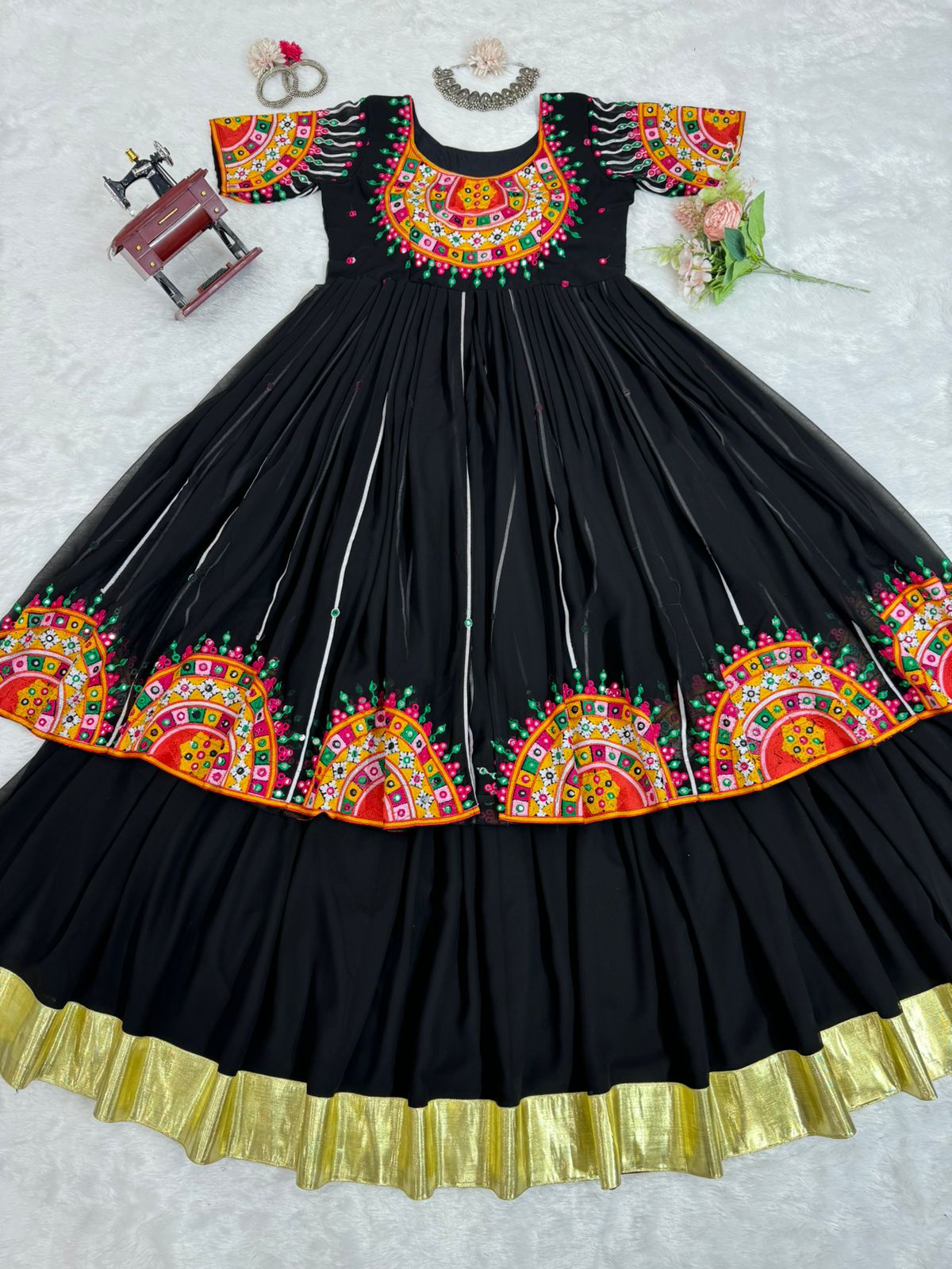 Black embroidered navratri garba special lehenga gown
