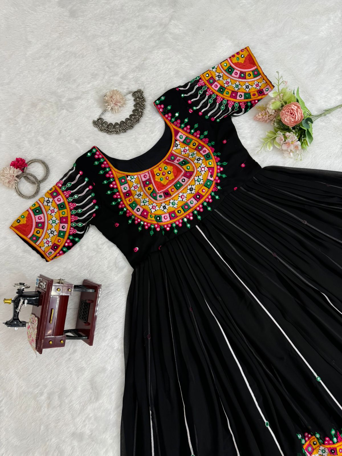 Black embroidered navratri garba special lehenga gown
