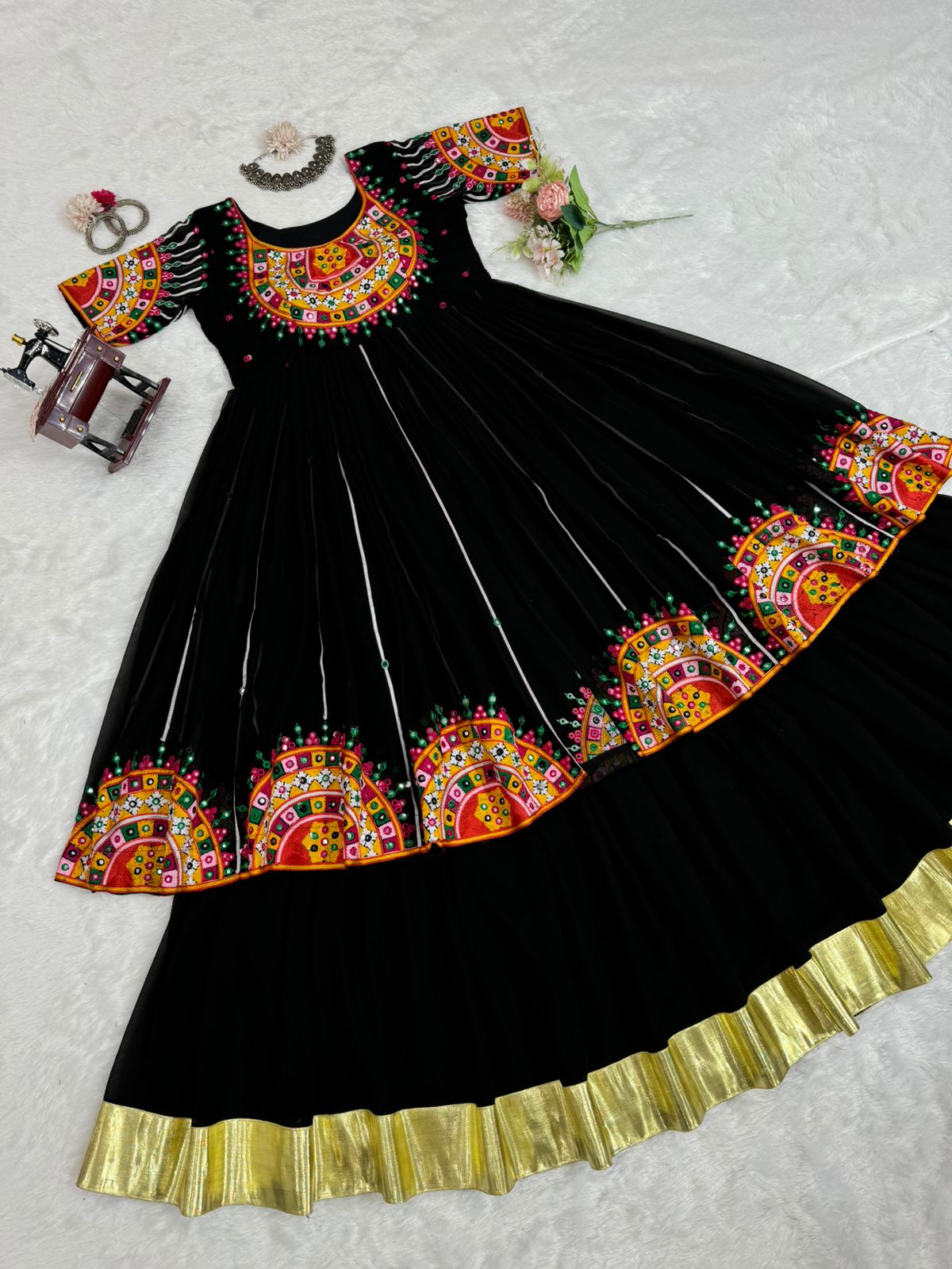 Black embroidered navratri garba special lehenga gown