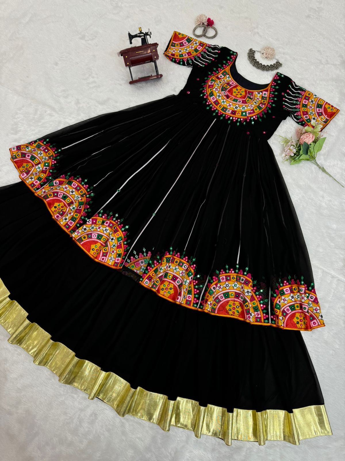Black embroidered navratri garba special lehenga gown