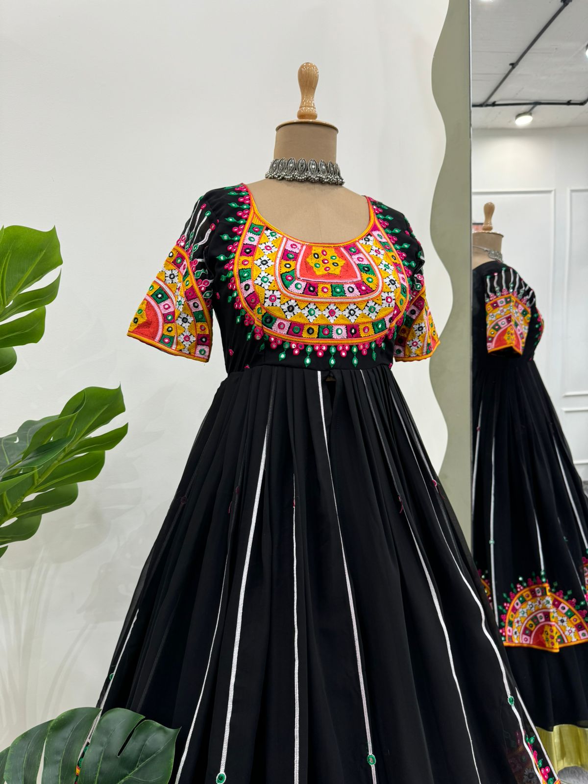 Black embroidered navratri garba special lehenga gown