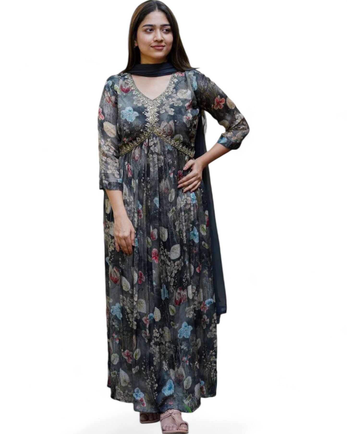 Black floral printed georgette alia cut suit