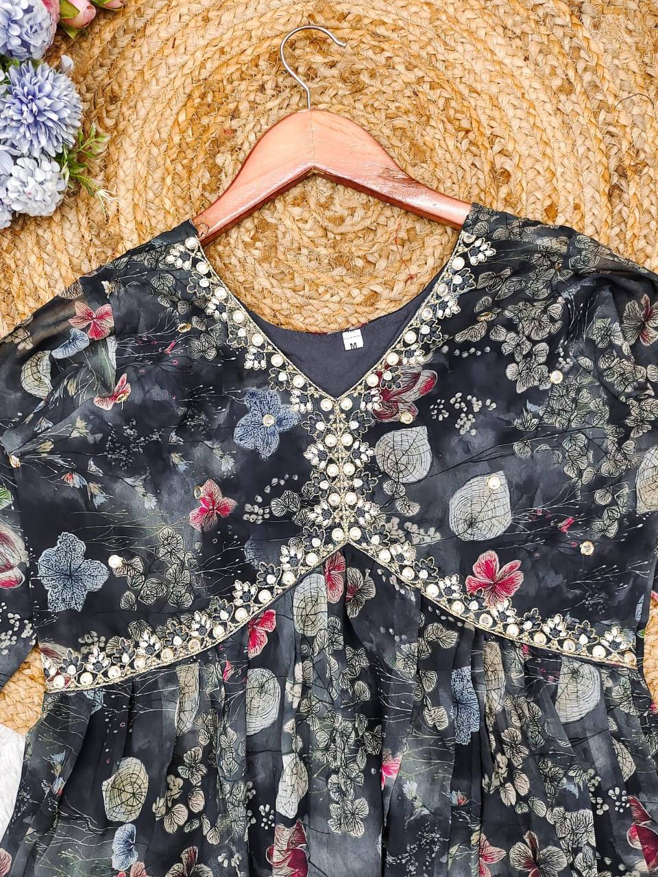 Black floral printed georgette alia cut suit