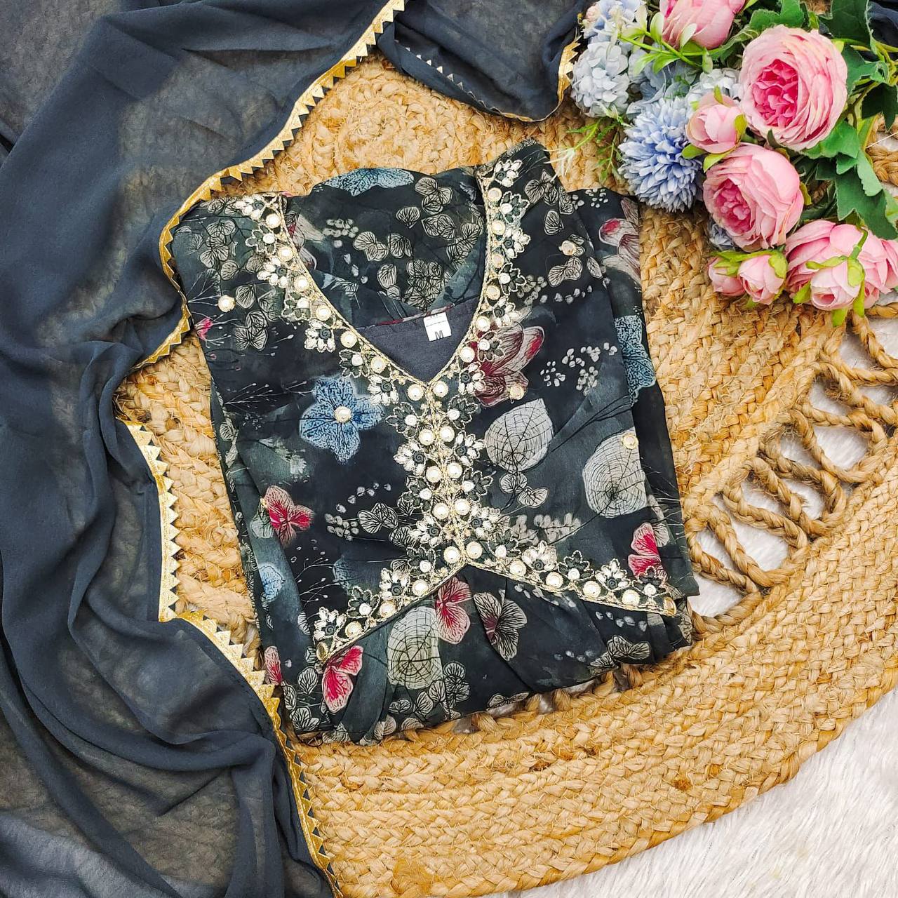 Black floral printed georgette alia cut suit