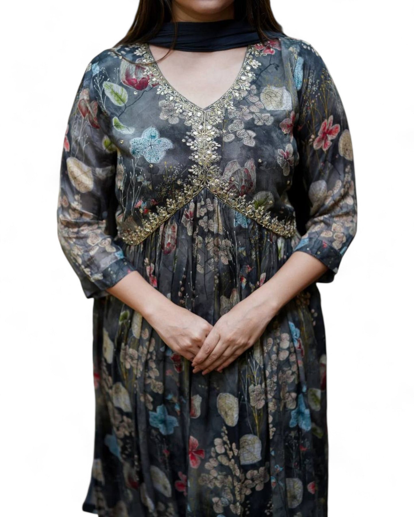 Black floral printed georgette alia cut suit