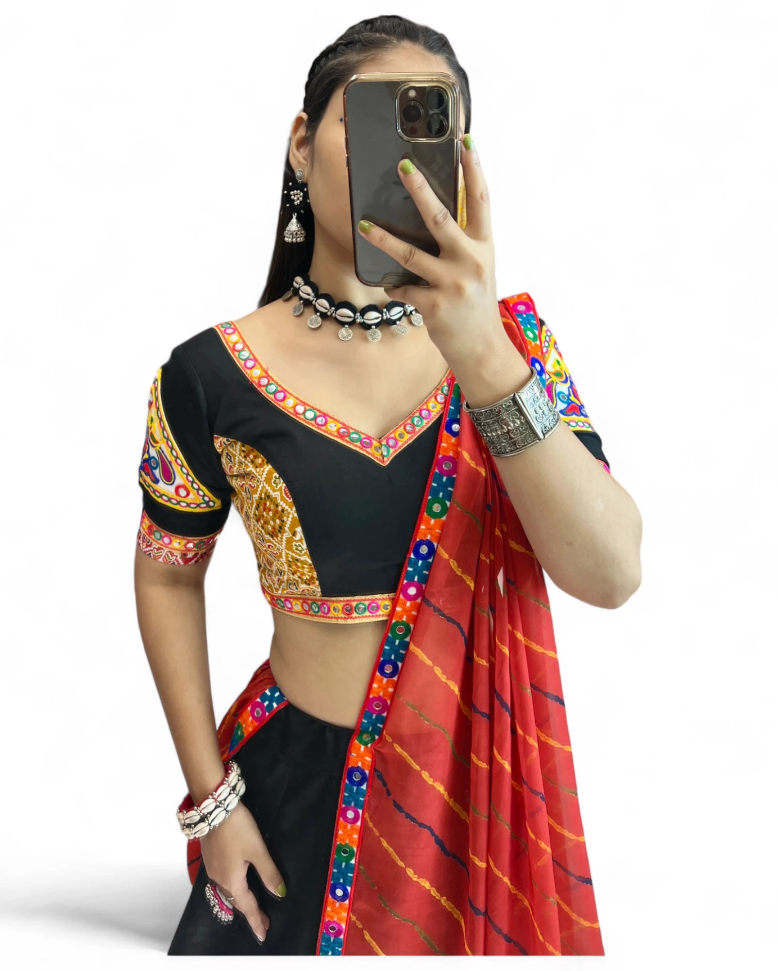 Black gamthi print mirror navratri gujarati garba lehenga chaniya choli